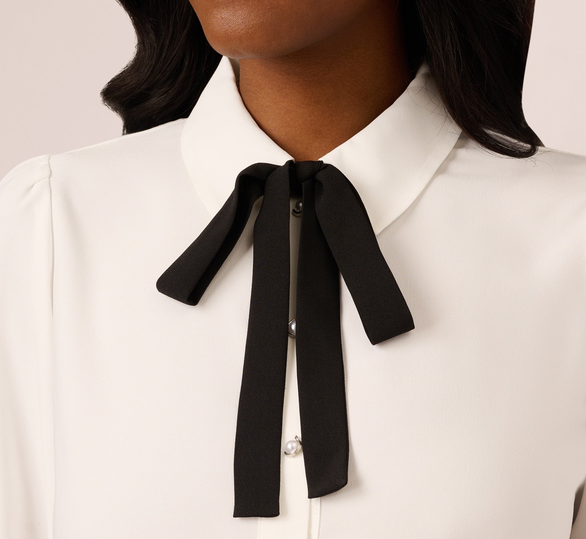 Elegant Long Sleeve Collared Tie Neck Blouse for Women - Ivory & Black - Perfect for Office Wear, Business Casual & Formal Occasions