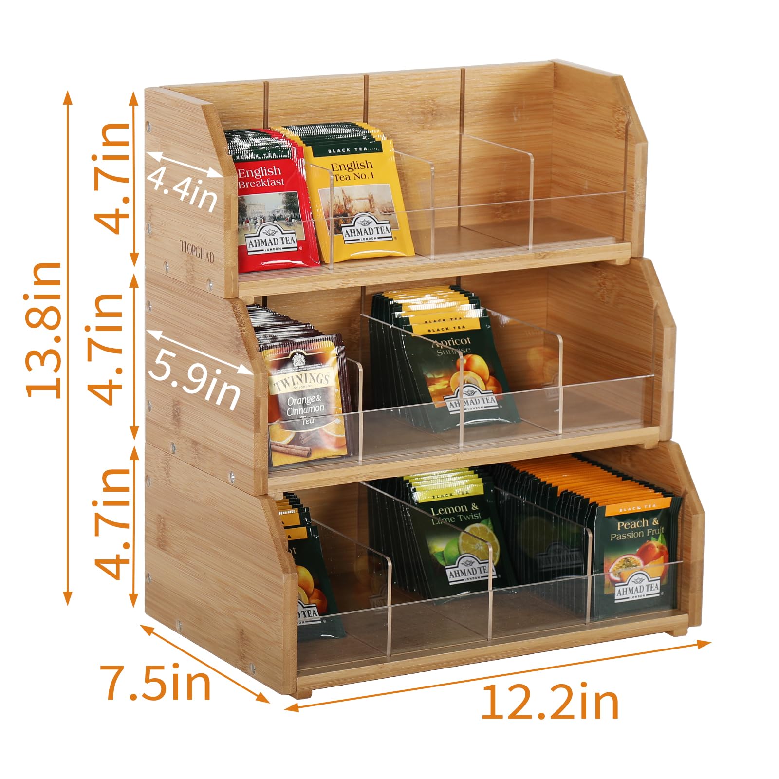 3-Tier Stackable Bamboo Tea Bag Organizer - Wooden Tea Box Container with Patented Design for Kitchen, Office & Countertop Storage - Perfect for Organizing Tea Bags in Cabinets or Desks