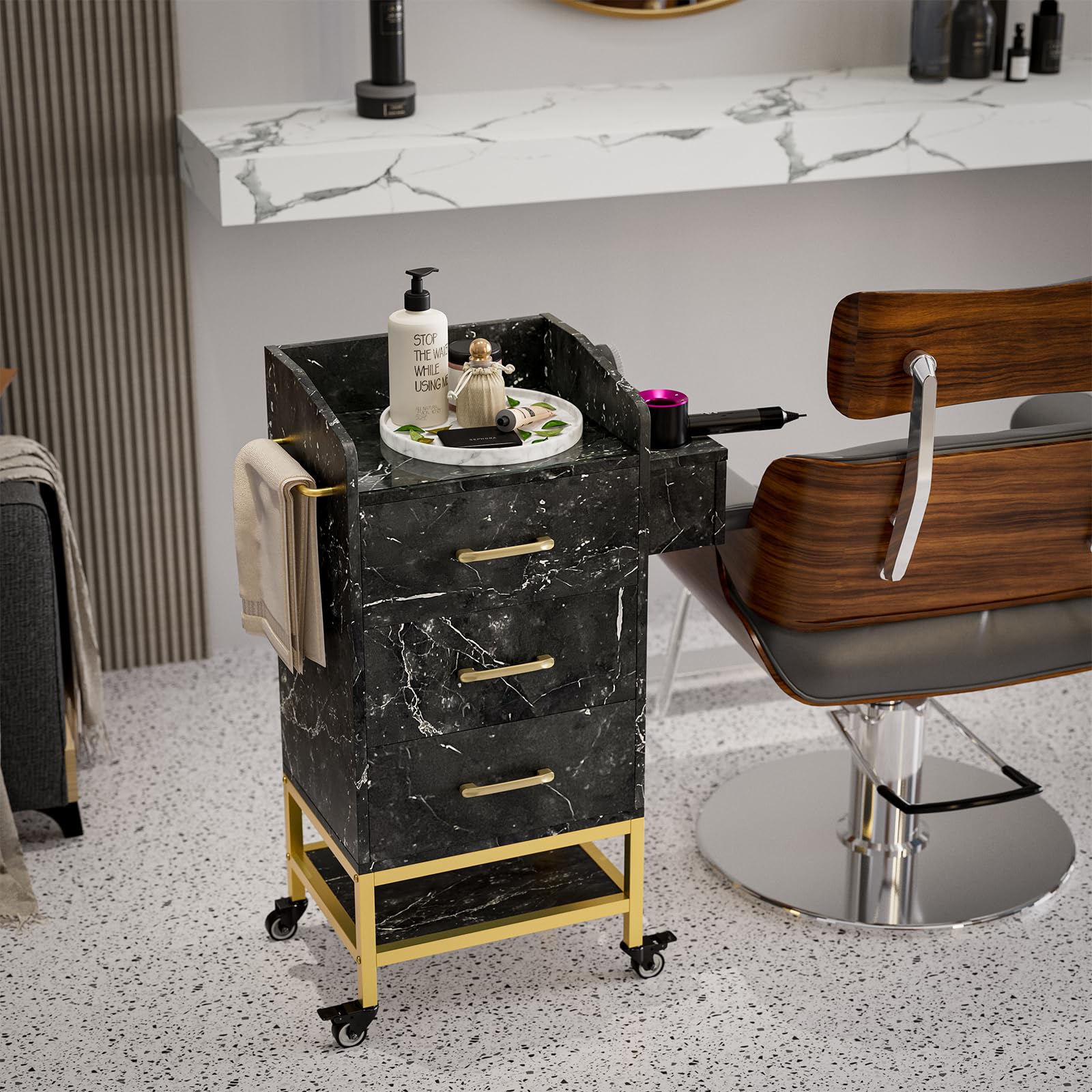 Professional Beauty Salon Storage Trolley Cart with Lockable Wheels - Black Marble Glass Top Hair Stylist Station Cabinet with Drawers - Ideal for Salon Organization, Barber Shop Furniture & Mobile Styling Workstations