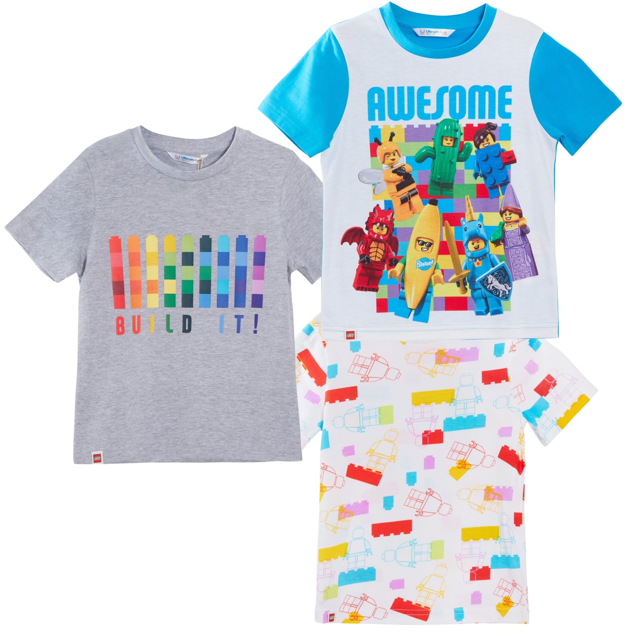 LEGO Kids 3 Pack T-Shirts for Boys & Girls - Official Licensed Cotton Tees Multipack - Summer Short Sleeve Graphic Tops for Playdates, Birthday Parties & Everyday Wear