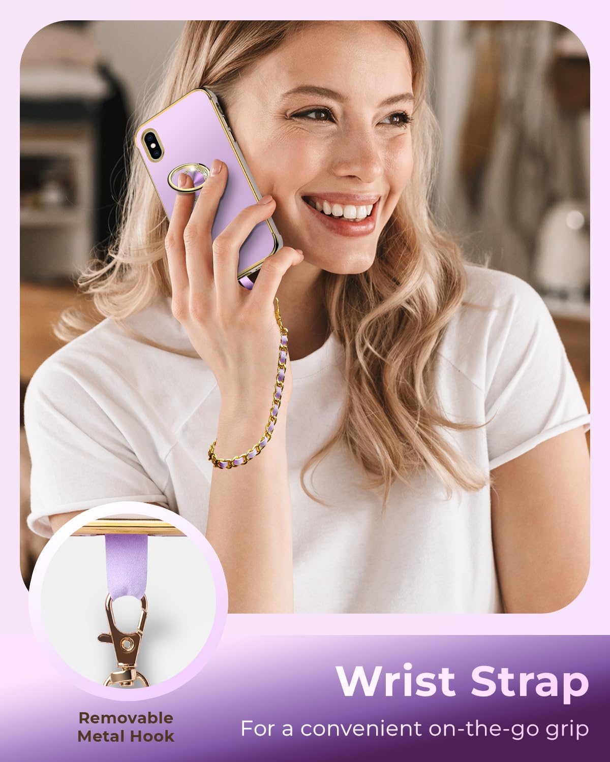 Premium Luxury Electroplated iPhone Xs Max Case with Ring Holder Stand & Lanyard - Soft TPU Shockproof Protective Cover for Women & Girls (Purple) - Perfect for Daily Use, Travel, and Hands-Free Convenience