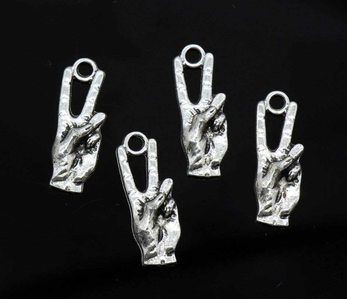 6 Pcs Antique Silver Tone Victory & Peace Hand Sign Charms (25x9mm) - YD0977 | Jewelry Making, DIY Crafts, Bracelet & Necklace Charms for Good Luck & Positive Vibes