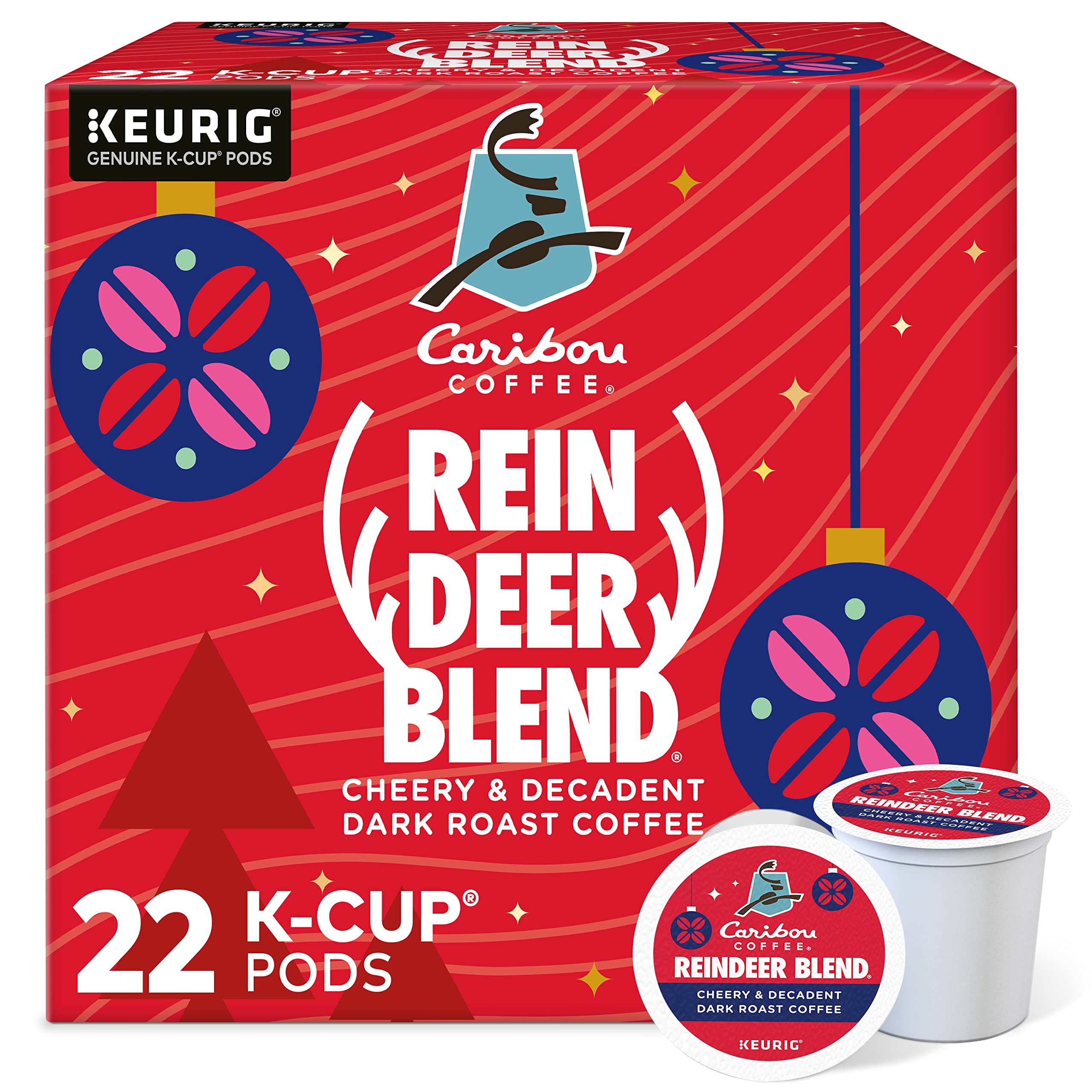 Caribou Coffee Reindeer Blend K-Cups - 44 Count (2 Boxes of 22) - Compatible with Keurig Brewers - Holiday Blend Coffee Pods - Perfect for Christmas Mornings & Winter Gatherings