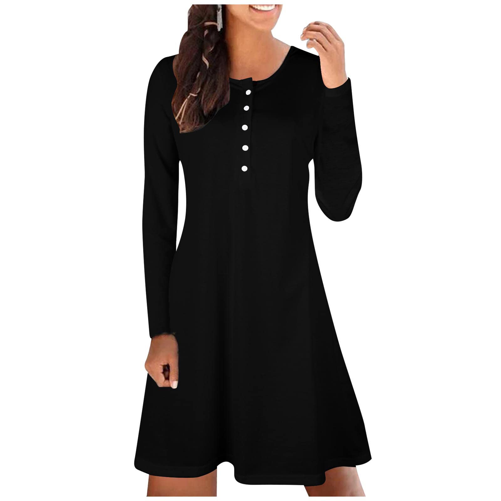 Women's Plus Size Winter Casual Dress - Loose Round Neck Long Sleeve Button Down Solid Fall Dress | Perfect for Office, Holiday Parties & Date Nights
