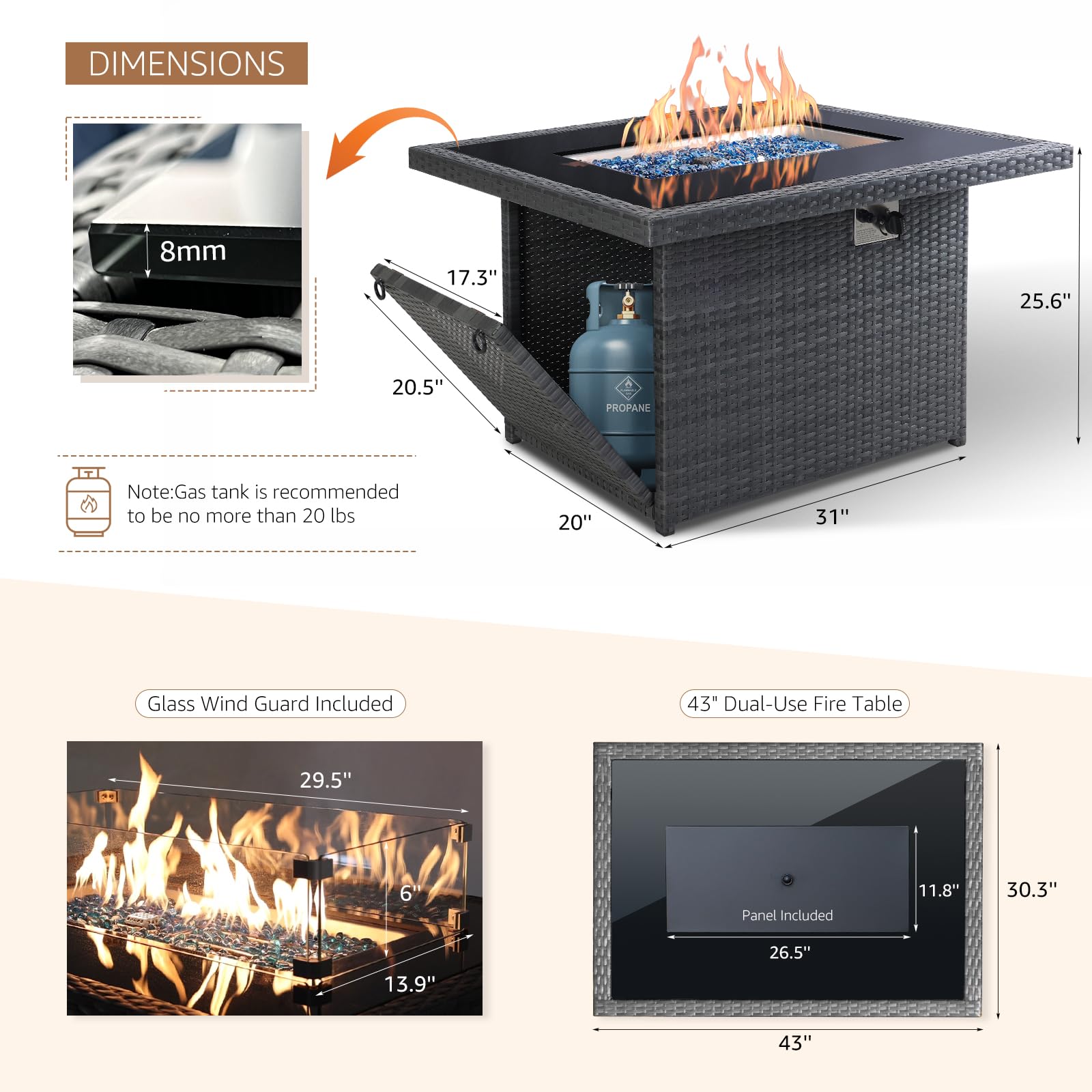 NICESOUL 43'' Rectangle CSA Certified Wicker Propane Fire Pit Table - 55,000 BTU Outdoor Gas Fireplace with Wind Guard, Glass Rocks & Cover - Gray - Perfect for Backyard, Deck, Patio & Outdoor Gatherings