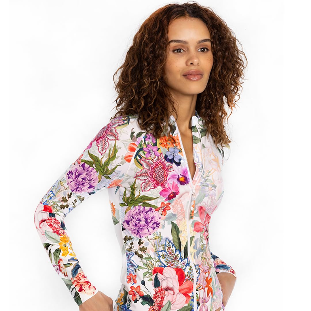 Johnny Was Neon Jungle Long Sleeve Rash Guard Surf Shirt - White & Purple Floral Print UPF 50+ Sun Protection - Women's Swimwear Cover Up for Beach, Pool & Water Sports