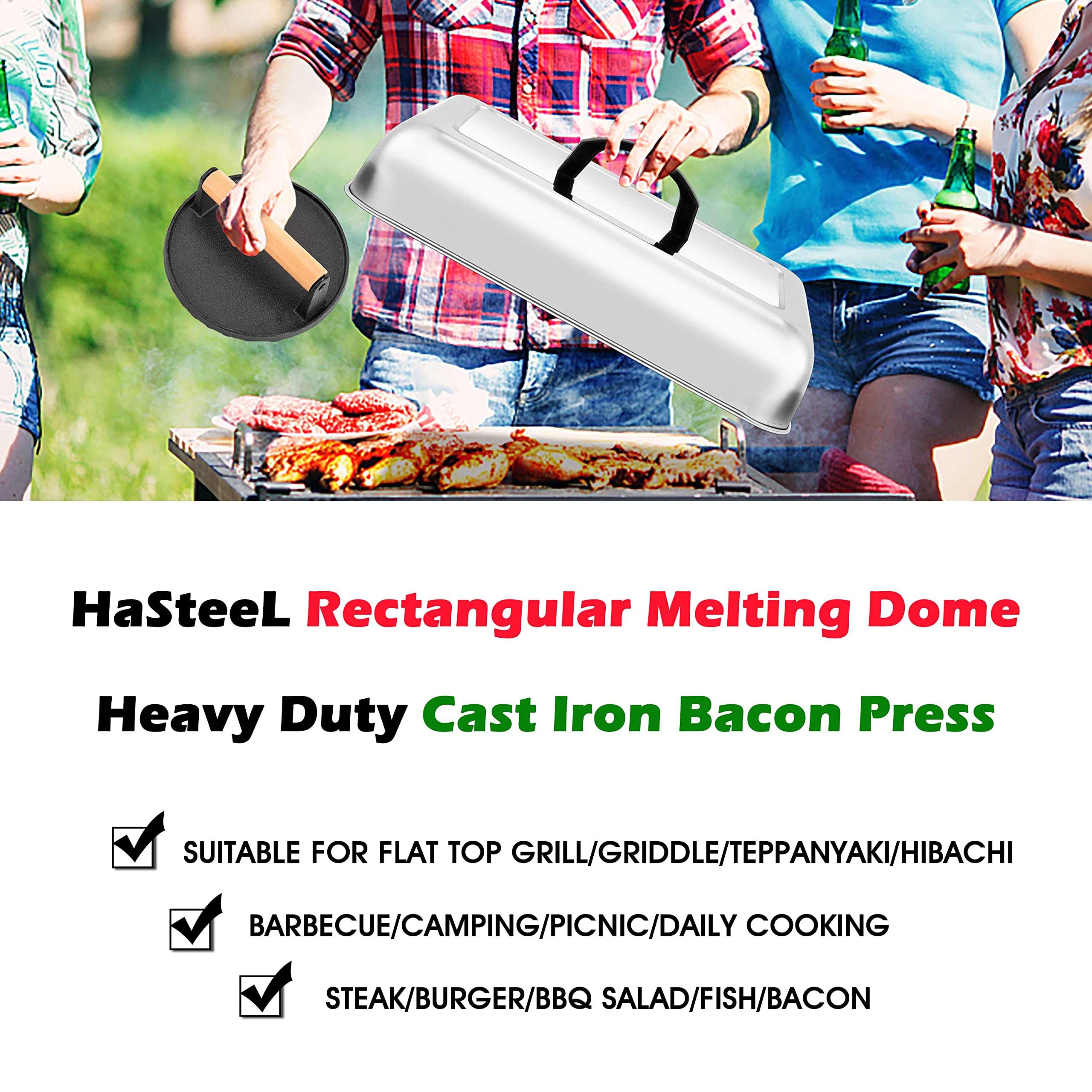 HaSteeL 13 x 9.75 Inch Melting Dome & 7 Inch Burger Press Set - Rectangular Basting Steam Cover with Bacon Press - Heavy Duty Metal Griddle Accessories for Flat Top Grill, Teppanyaki, Hibachi, BBQ - Perfect for Burgers, Melting Cheese & Cooking Bacon - Easy to Clean & Durable