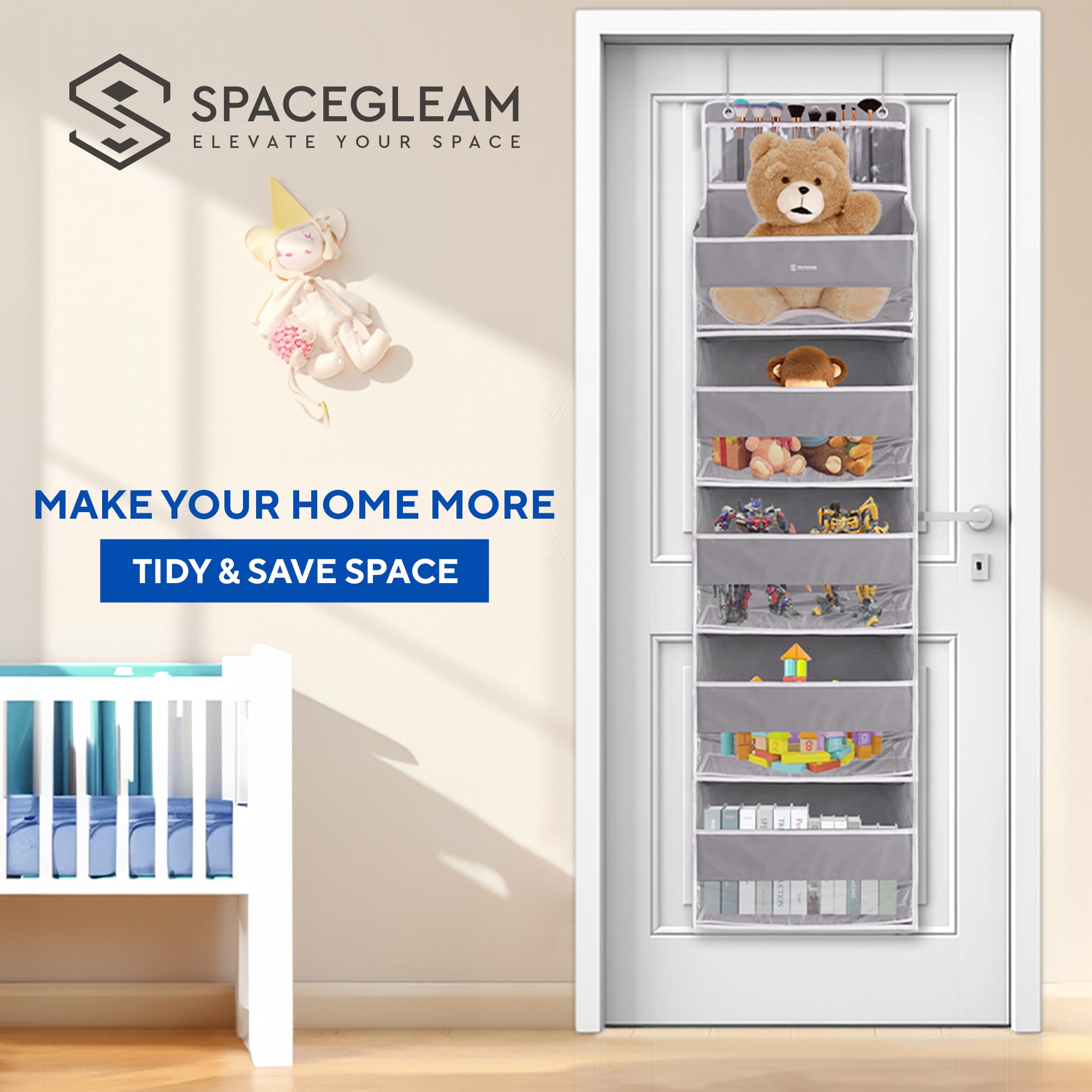 1 Pack Over Door Organizer with 5 Large Pockets & 10 Mesh Side Pockets - Hanging Storage Organizer with Clear Window for Kids Toys, Shoes, Diapers - Grey 5-Layer Space-Saving Solution for Nursery, Closet & Bathroom Organization
