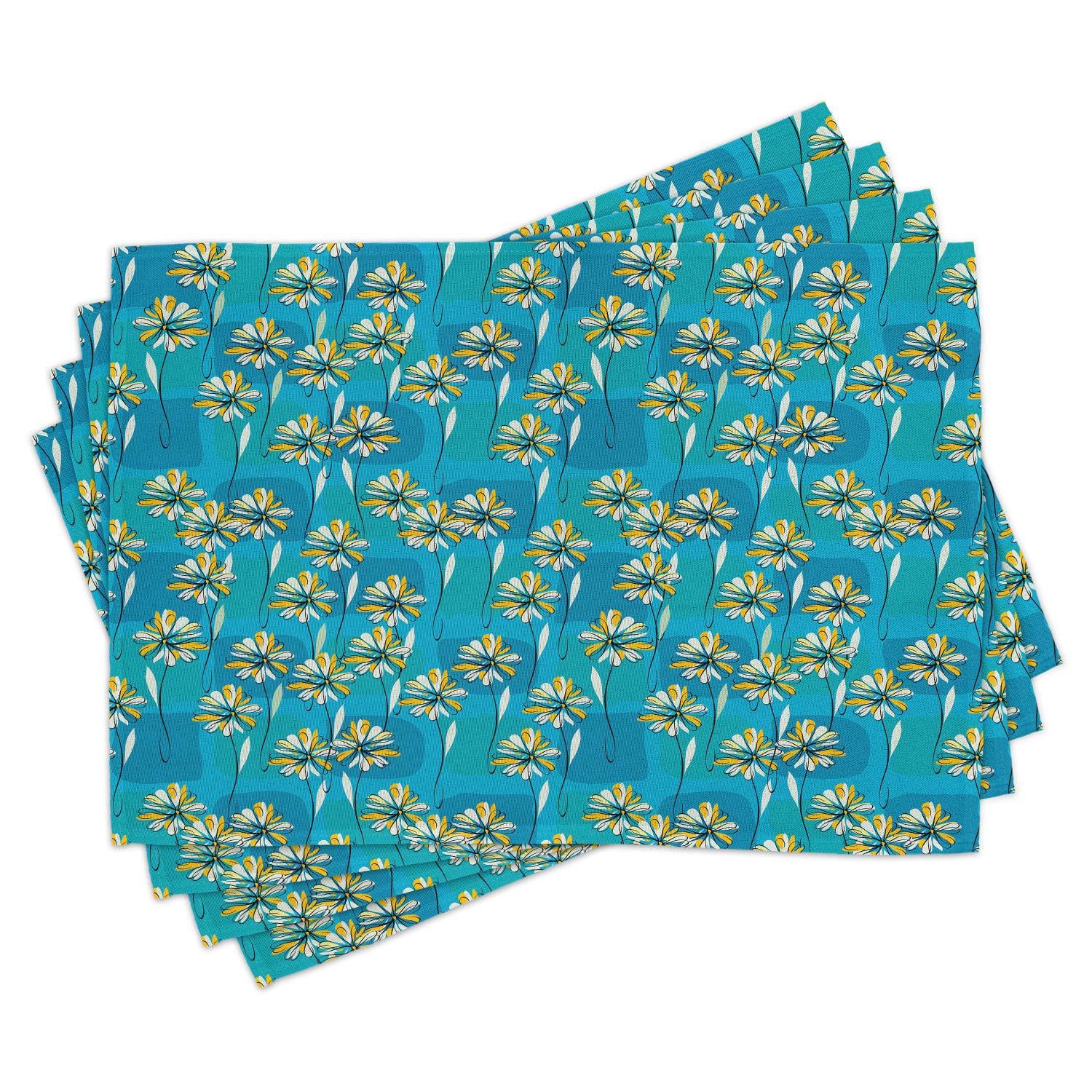 Ambesonne Floral Place Mats Set of 4 - Modern Abstract Daisy & Leaf Design Washable Fabric Placemats for Dining Table, Kitchen Decor in Blue, Yellow & White | Perfect for Spring Decor, Dinner Parties & Everyday Meals