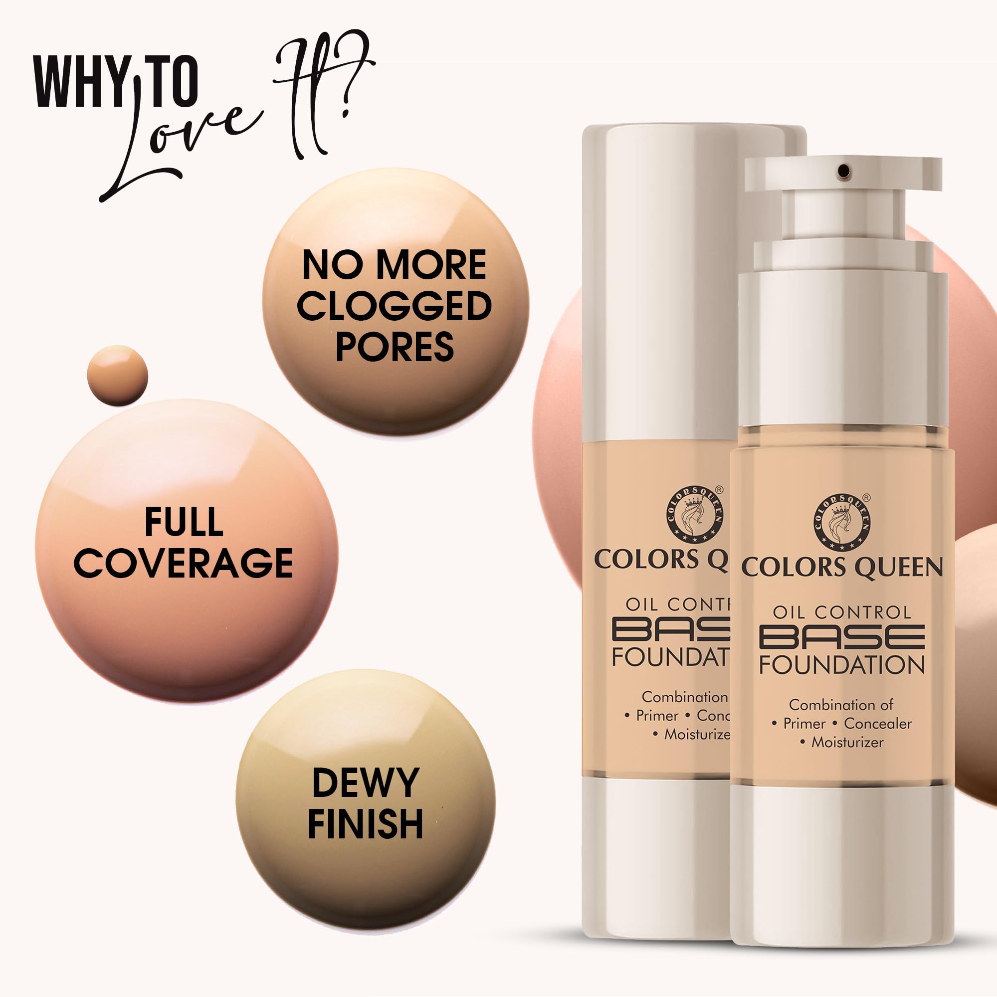 Colors Queen Oil Control Liquid Foundation with Primer, Concealer & Moisturizer | Skin Brightening Water-Resistant Dewy Finish Makeup (02 Natural, 30ml) | Perfect for Daily Wear, Special Occasions & Long-Lasting Coverage