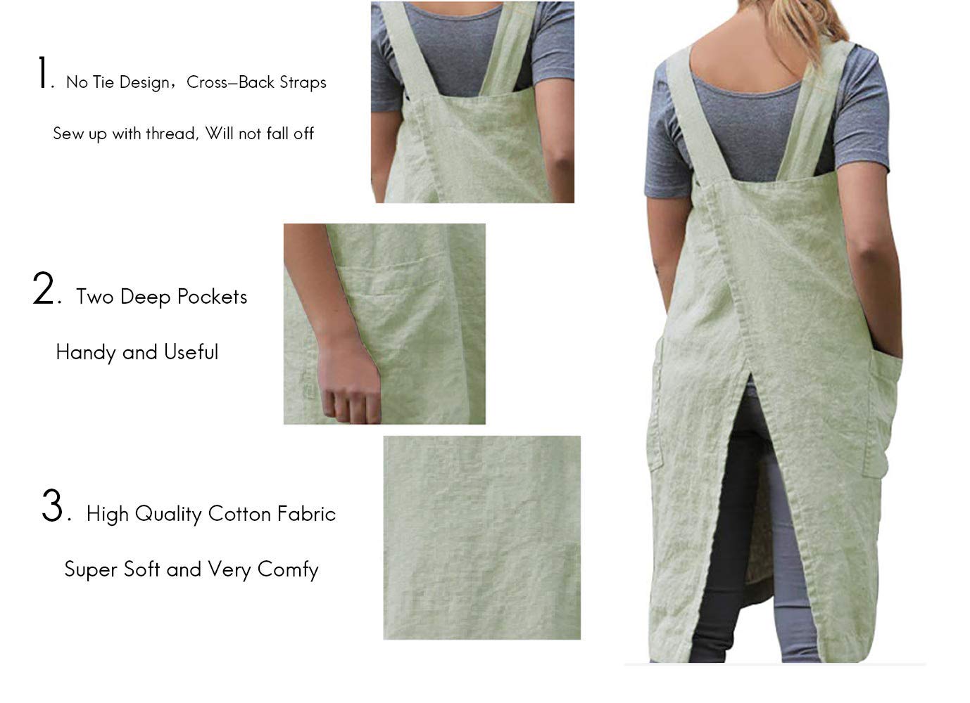 Women's Cross Back Pinafore Square Apron - Cotton Linen Blend Baking Cooking Gardening Work Dress with 2 Pockets - Light Green XL | Perfect for Home Chefs, Bakers, Gardeners & DIY Enthusiasts