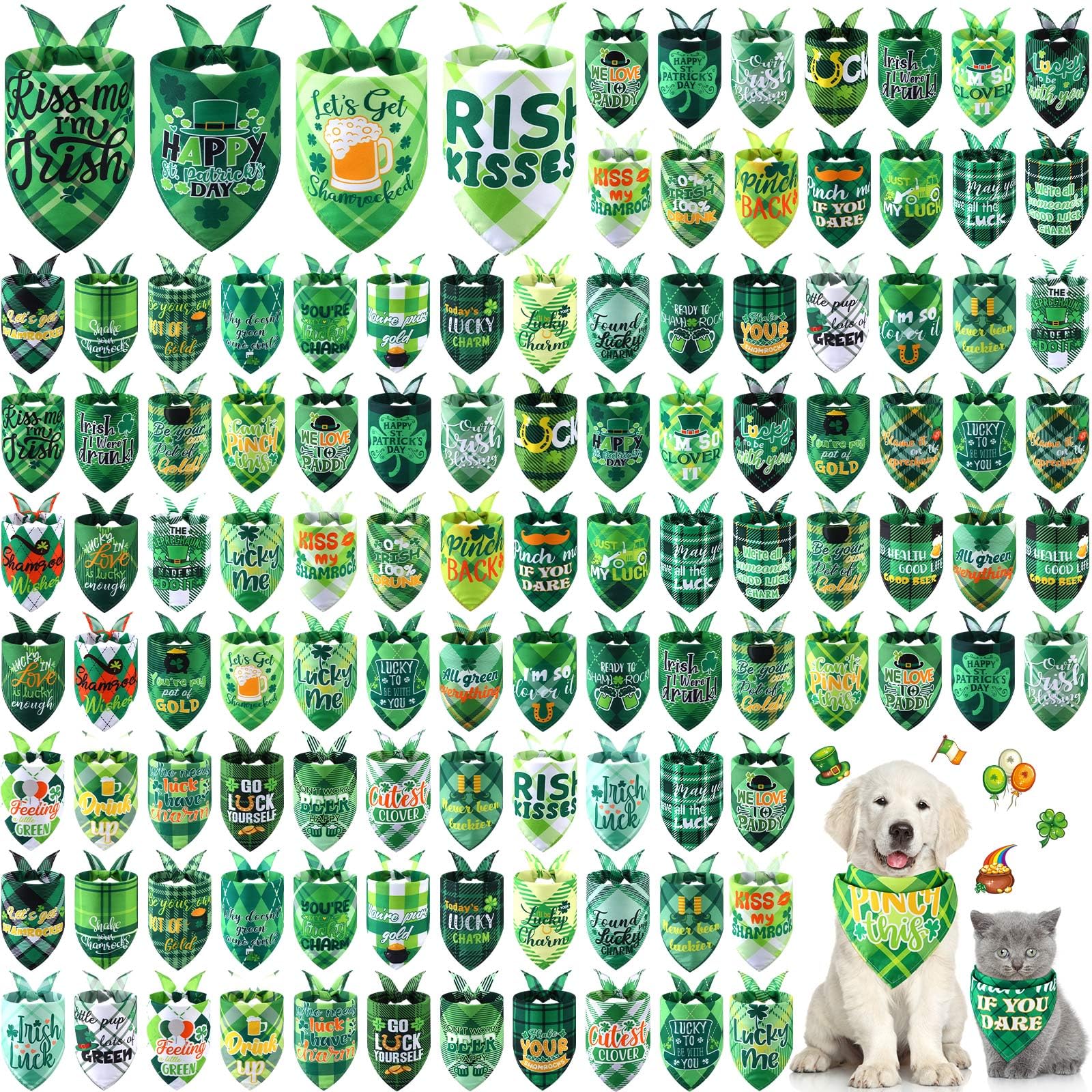 Sweetude 100 Pcs St Patrick's Day Plaid Dog Bandanas Bulk - Irish Pet Scarf Bibs with Sayings, Adjustable & Washable Holiday Costume Accessories for Small to Large Dogs & Cats - Perfect for St. Patrick's Day Parades, Pet Parties & Photo Shoots