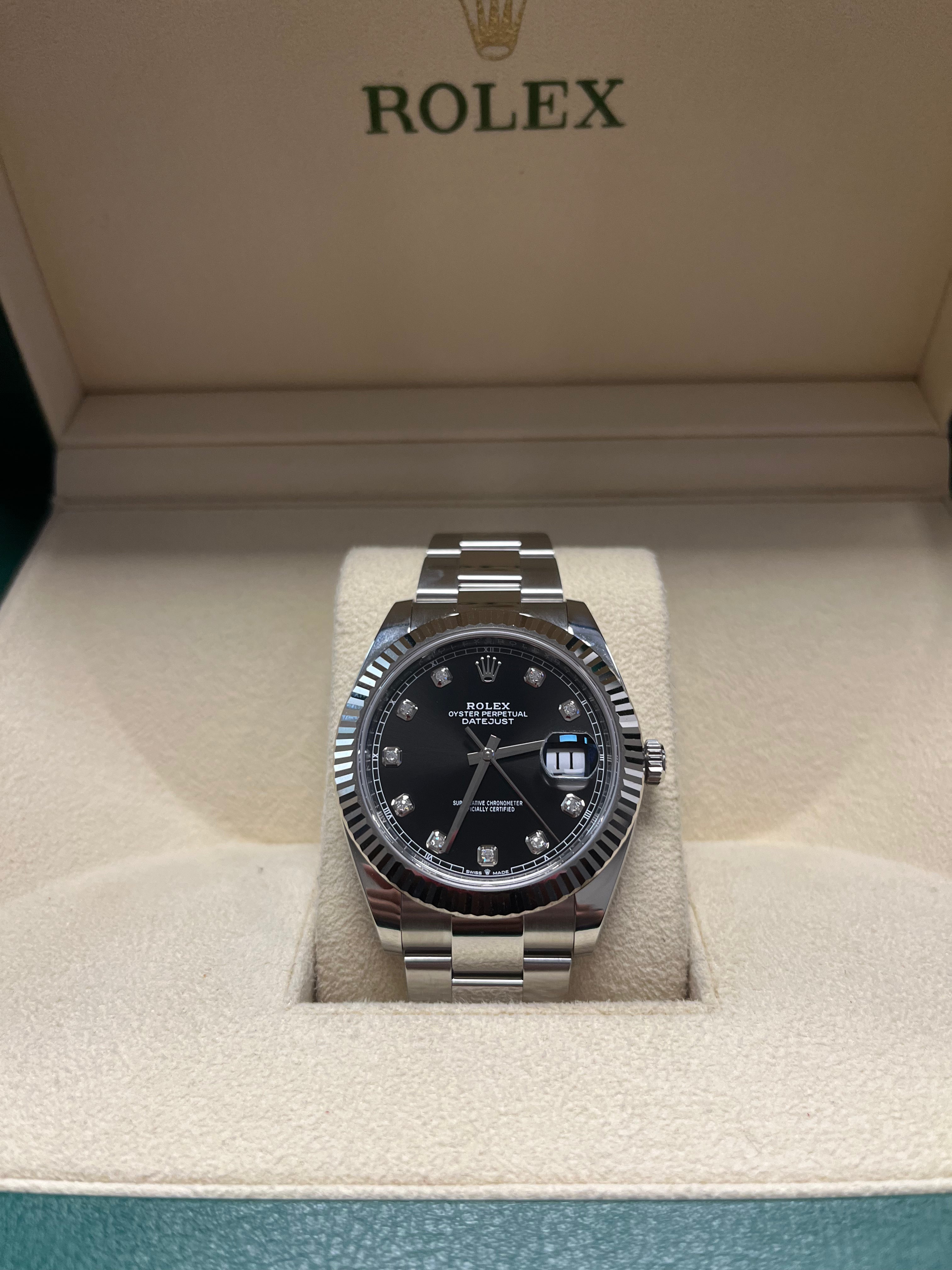 Rolex Datejust 41 Stainless Steel & White Gold Watch - Fluted Bezel, Black Diamond Dial, Oyster Bracelet (Ref.126334) | Luxury Men's Dress Watch for Business & Formal Occasions
