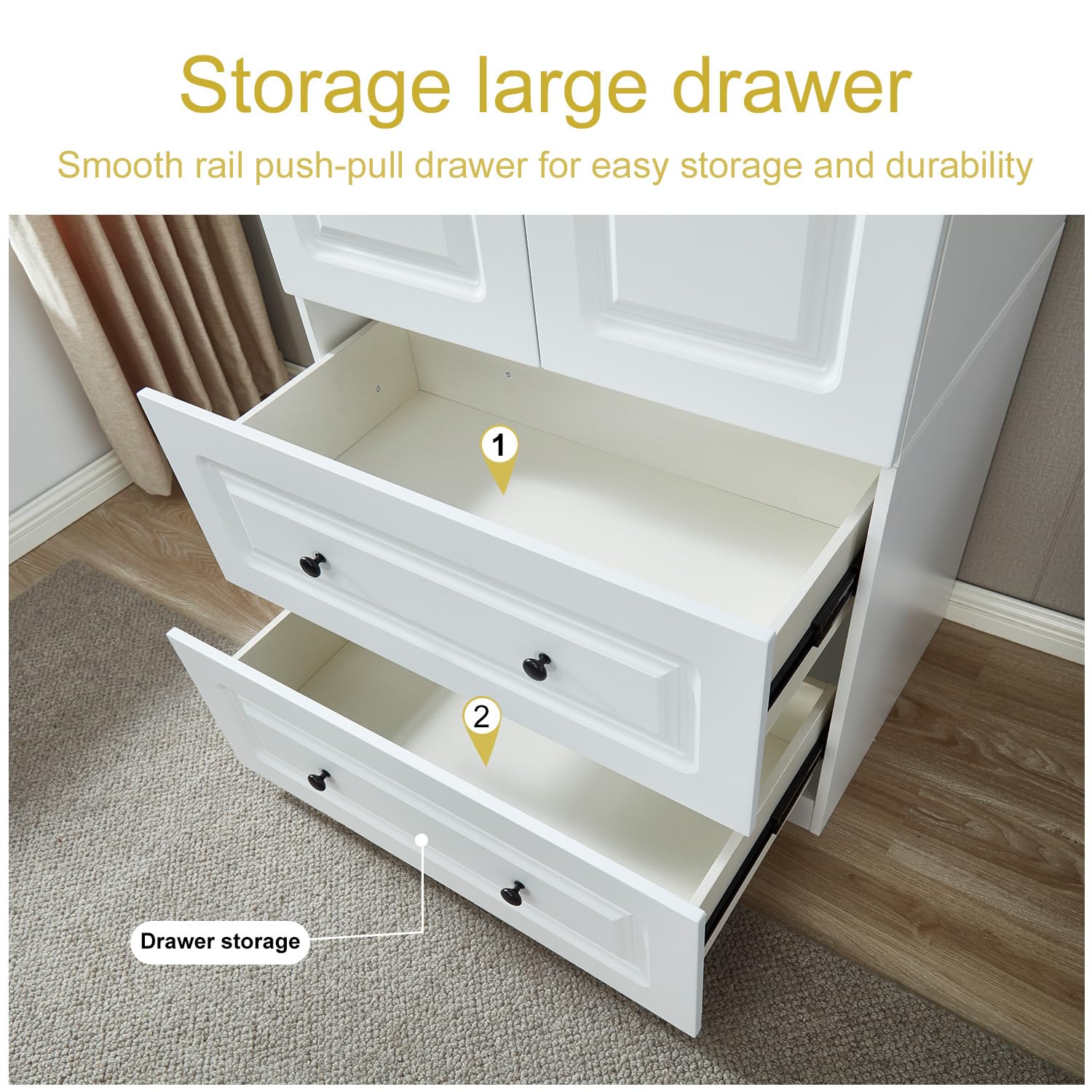 White Wooden Wardrobe Closet with Hanging Rod - 3 Doors, 2 Drawers & High Storage Capacity | Freestanding Closet Organizer for Bedroom, Guest Room or Dormitory