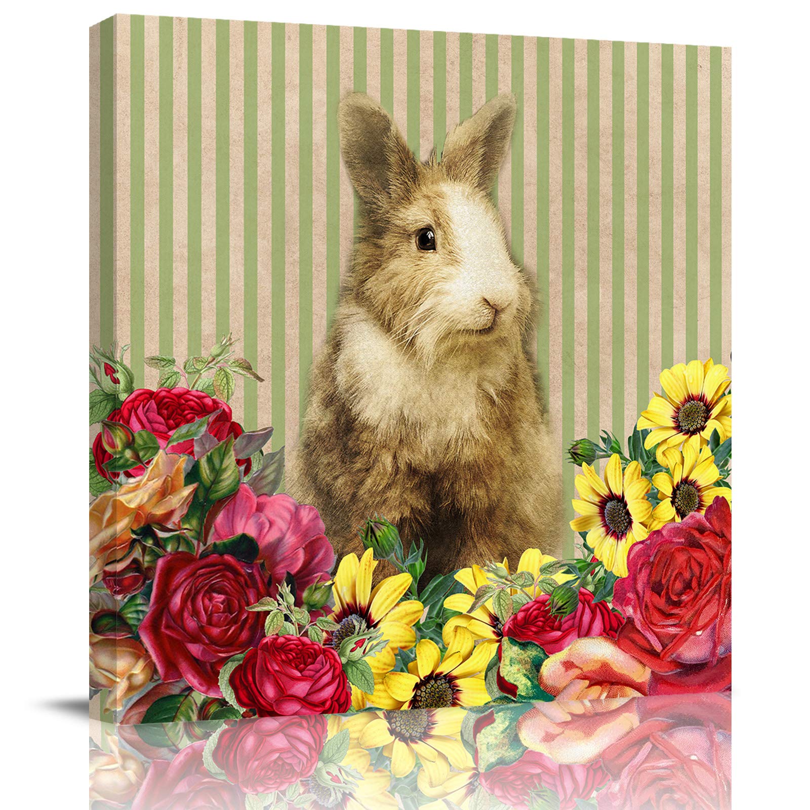 Happy Easter Bunny Floral Sunflower Stripe Canvas Wall Art - 28x28 Inch Home Decor for Living Room, Bedroom & Office - Perfect for Easter Gifts, Spring Decor & Farmhouse Style