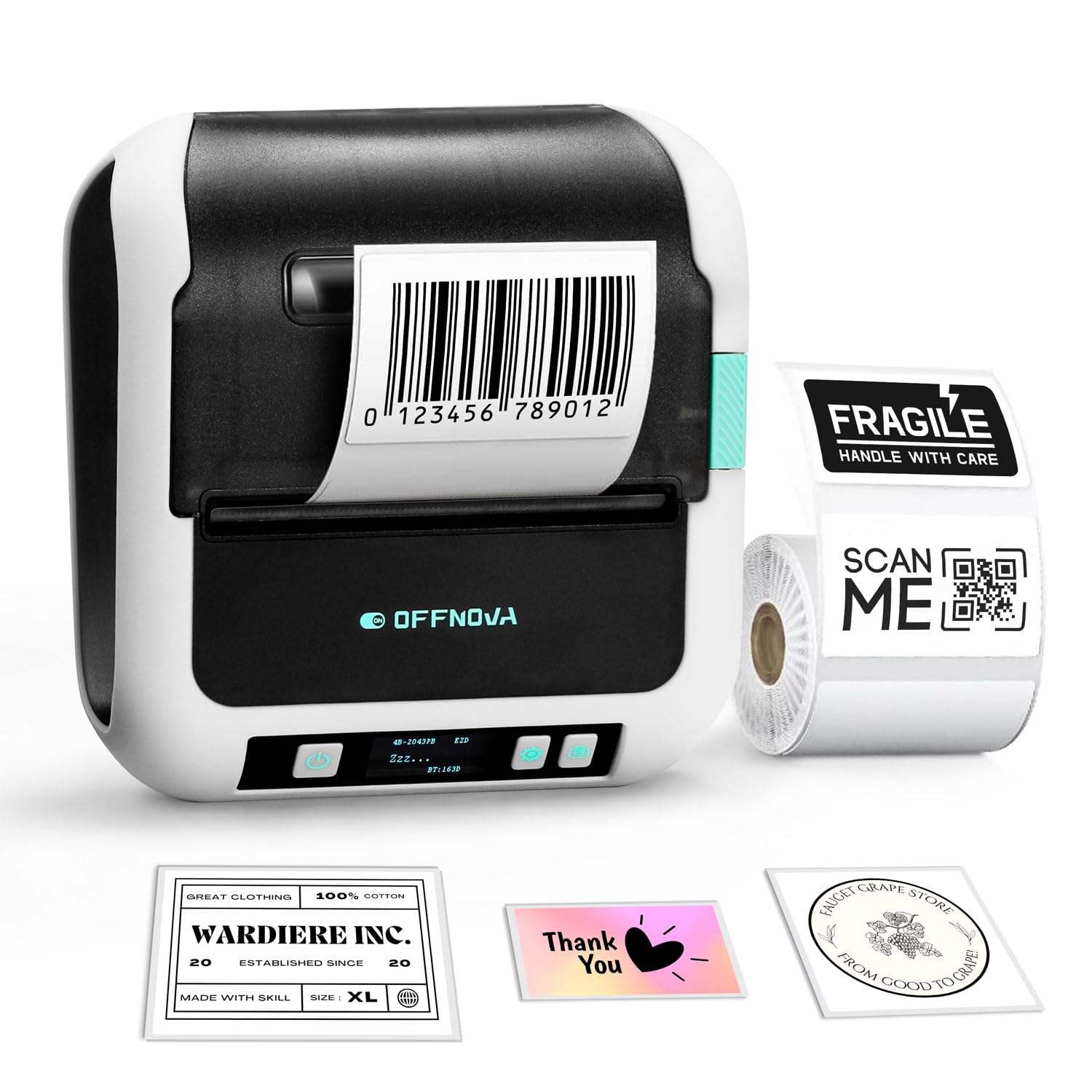 OFFNOVA 3 Inch Portable Bluetooth Thermal Label Maker with Tape - Barcode, Address, Mailing & Product Label Printer for Office, Home & Small Business | Compatible with Phones & PC | Perfect for Shipping, Inventory & Organization