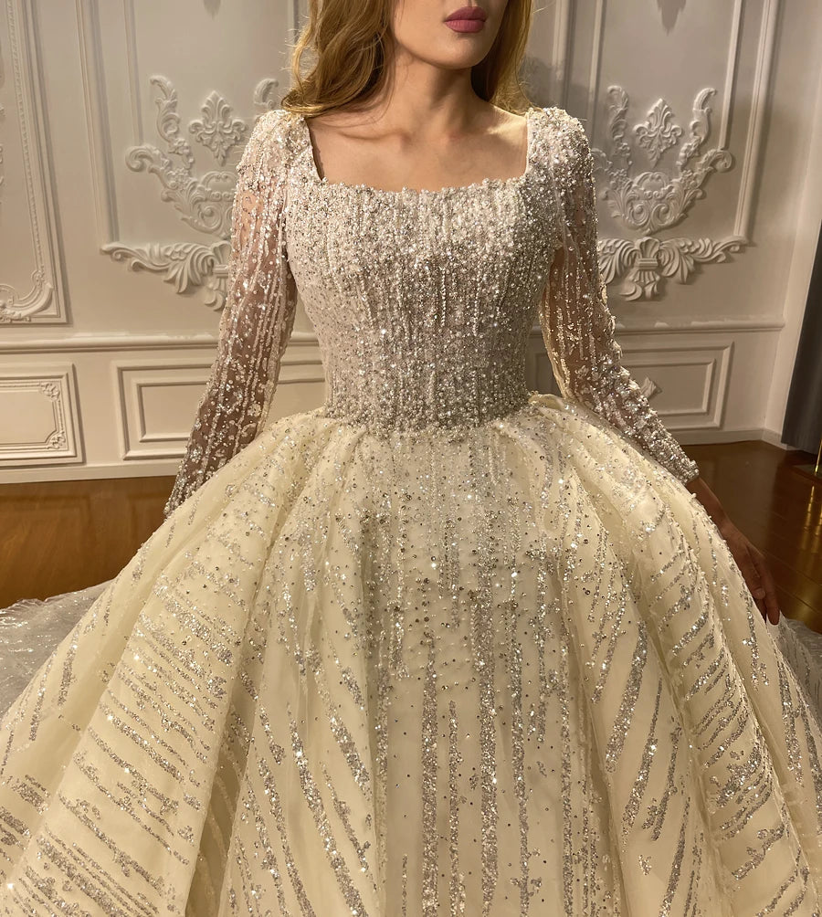 Elegant Square Neck Long Sleeve Fluffy Ball Gown Wedding Dress for Bride - Perfect for Church Ceremony, Formal Reception & Romantic Photoshoot