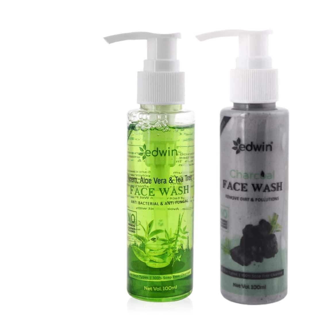 Edwin Combo Neem, Aloe Vera & Charcoal Face Wash - Deep Cleansing for Acne & Oily Skin (Pack of 2) | Daily Skincare Routine for Men & Women