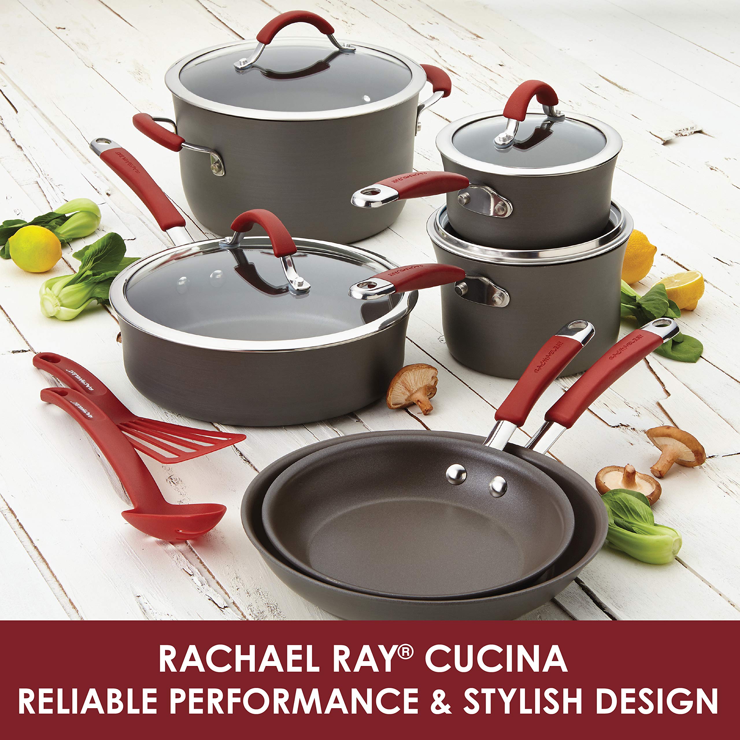 Rachael Ray 12-Piece Nonstick Cookware & Bakeware Set - Gray & Red Grips, Includes Bread Pan, Baking Pan, Cake Pans & Cookie Sheet - Perfect for Baking, Cooking & Entertaining at Home