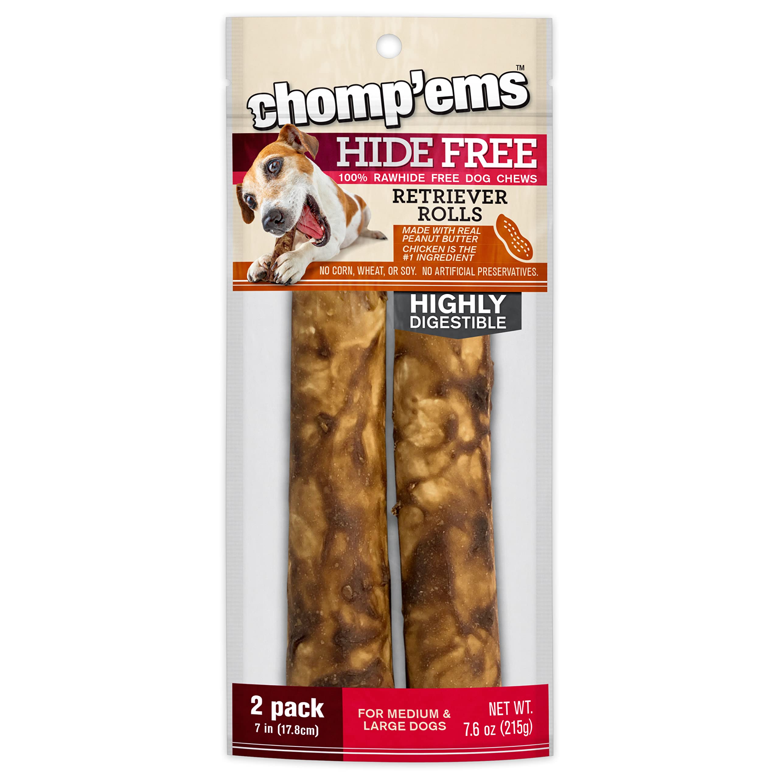 CHOMP 'EMS Chicken & Peanut Butter Dog Chews - Natural Rawhide-Free Dental Treats for Puppies, Adults & Senior Dogs - 7 Inch Long-Lasting Chew Sticks (2 Count) - Perfect for Training Rewards, Anxiety Relief & Teeth Cleaning - Great for Crate Training, Travel & Vet Visits - Ideal for Chewing, Playtime and Oral Health Maintenance