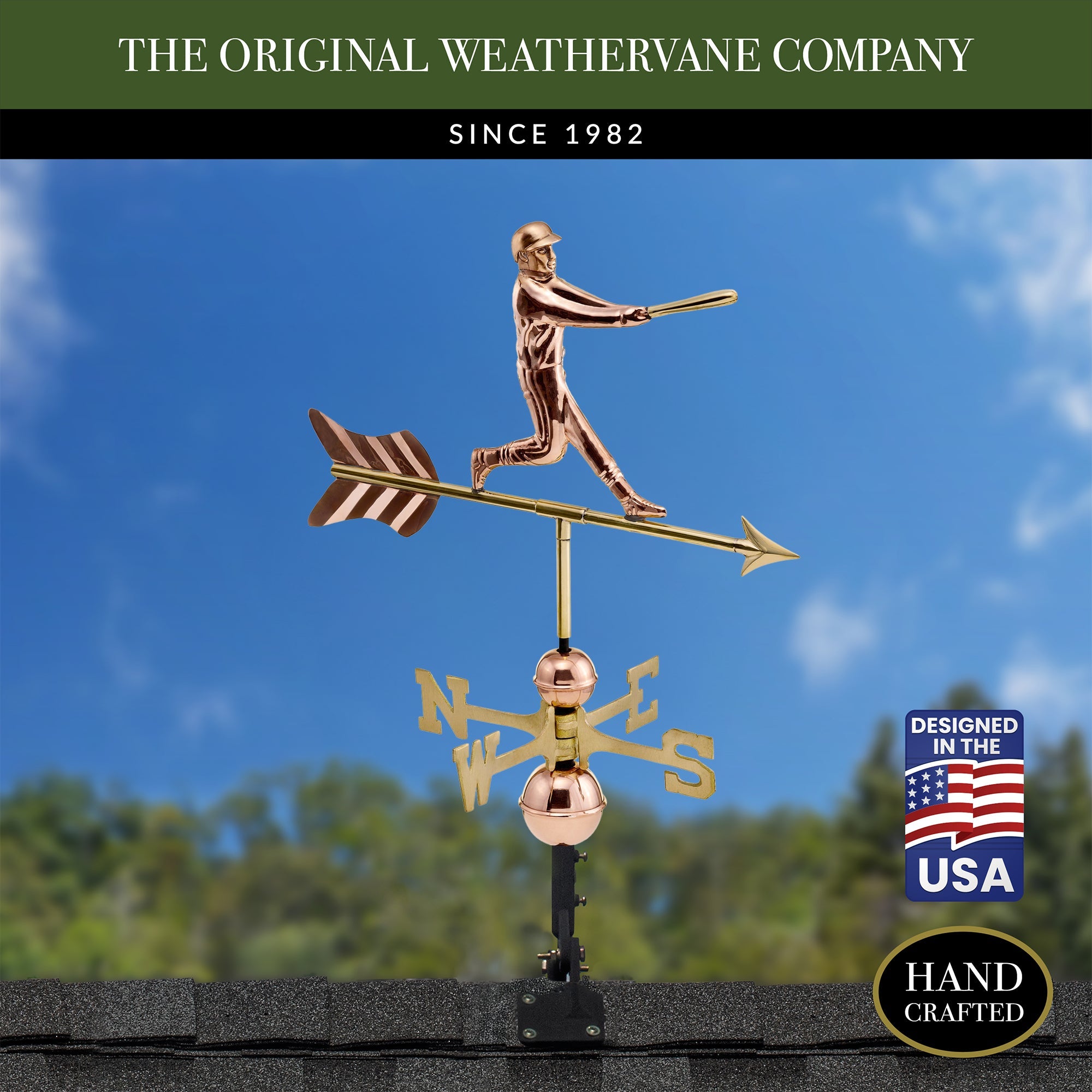 Handcrafted Copper Baseball Player Weathervane - Durable Outdoor Decor for Garden, Yard & Roof - Perfect for Sports Fans & Baseball Enthusiasts