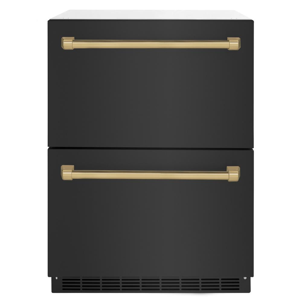 ZLINE Autograph Edition 24 Inch Touchstone 168 Can Outdoor Rated Dual Refrigerator Drawer - Black Stainless Steel Doors with Champagne Bronze Handles (RDSOZ BS 24 CB) | Perfect for Outdoor Kitchens, Patio Bars & Entertaining Areas