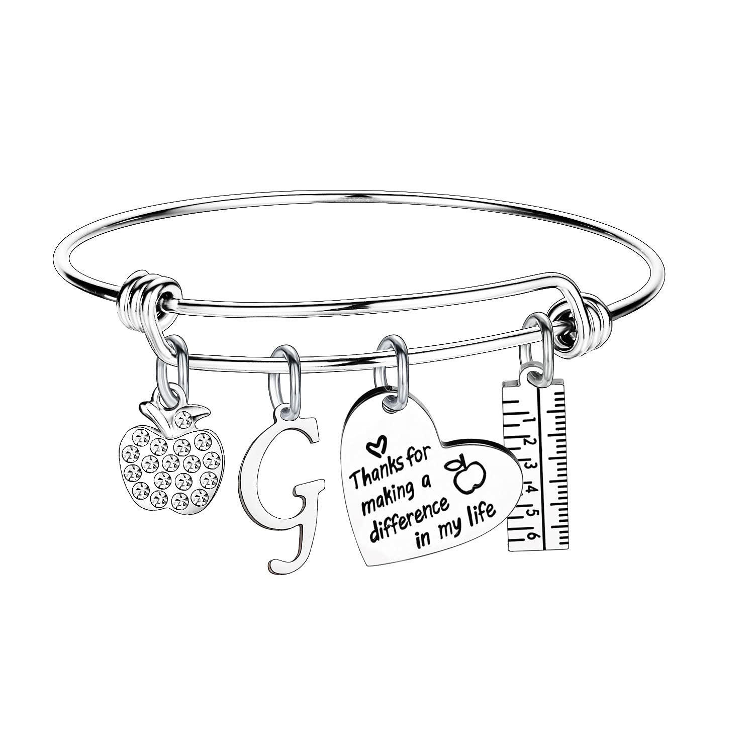 Personalized Teacher Initial Bangle Bracelet - Custom Name Jewelry Gift for Women Educators | Teacher Appreciation, Thank You, Retirement & Back to School Gifts | Perfect for Classroom, Graduation & Special Occasions