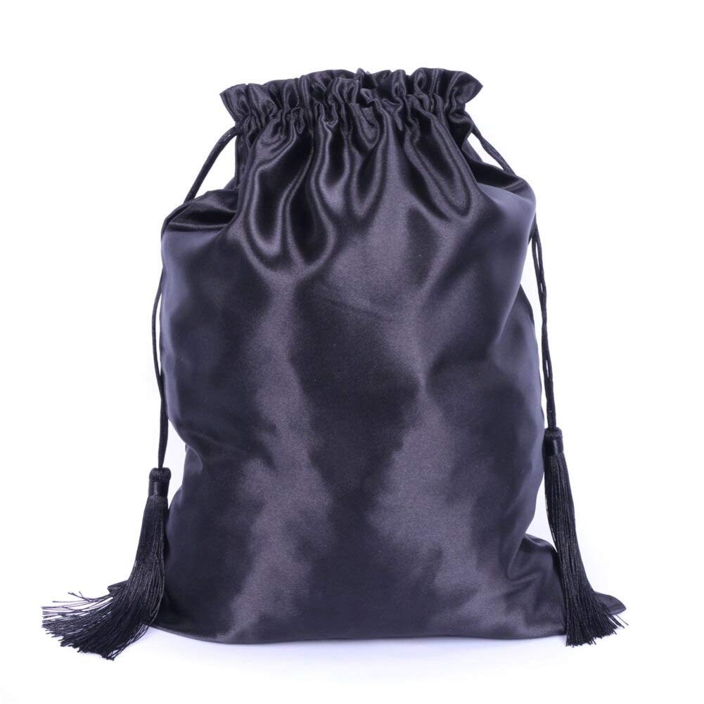Silk Satin Wig Storage Bags - 3 Pack Black Drawstring Pouches for Hair Extensions, Bundles & Travel | Premium Tassel Gift Packaging | Protect & Organize Wigs at Home or On The Go