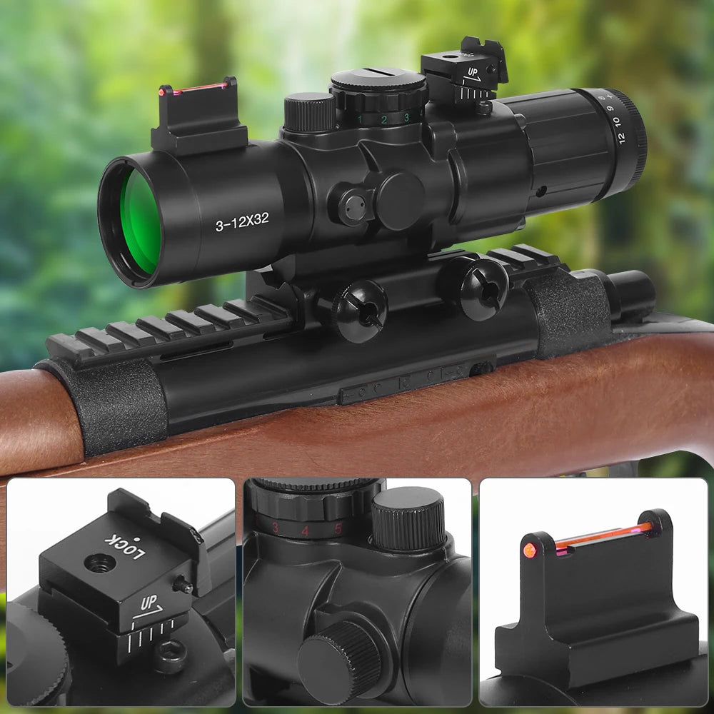 3-12x32 Prism Scope - Tactical Hunting Rifle Scope with Red/Green Illuminated Reticle | Rapid Range Reflex Optics | Airsoft & Hunting Accessories for 20mm Rails | Perfect for Low Light Hunting & Tactical Shooting