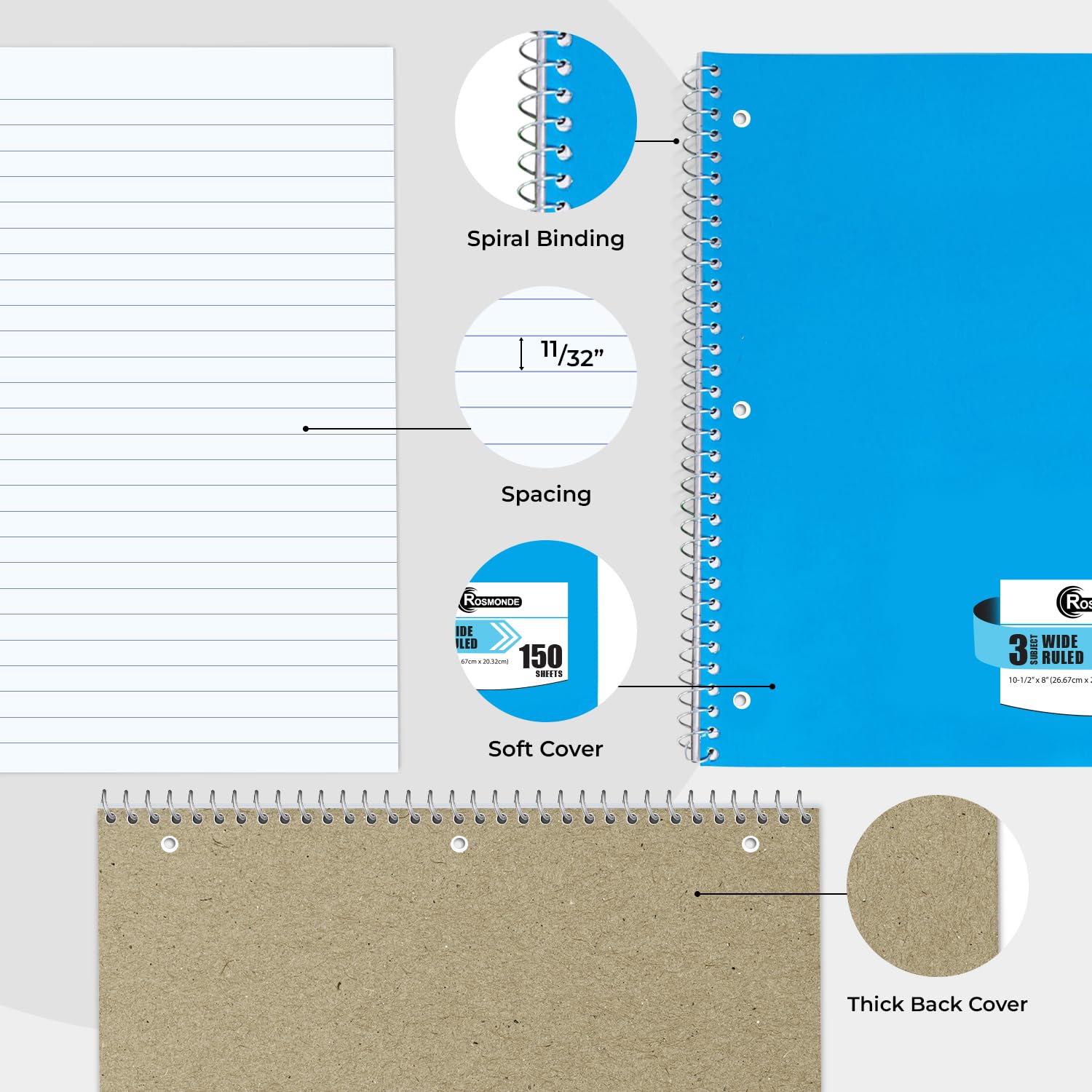 36 Pack 3 Subject Spiral Notebooks - Wide Ruled, Thick Paper, 300 Pages (150 Sheets), 8 x 10.5 Inch - Bulk School Supplies for Students, Teachers & Office Use | Perfect for Note Taking, Journaling & Homework Organization
