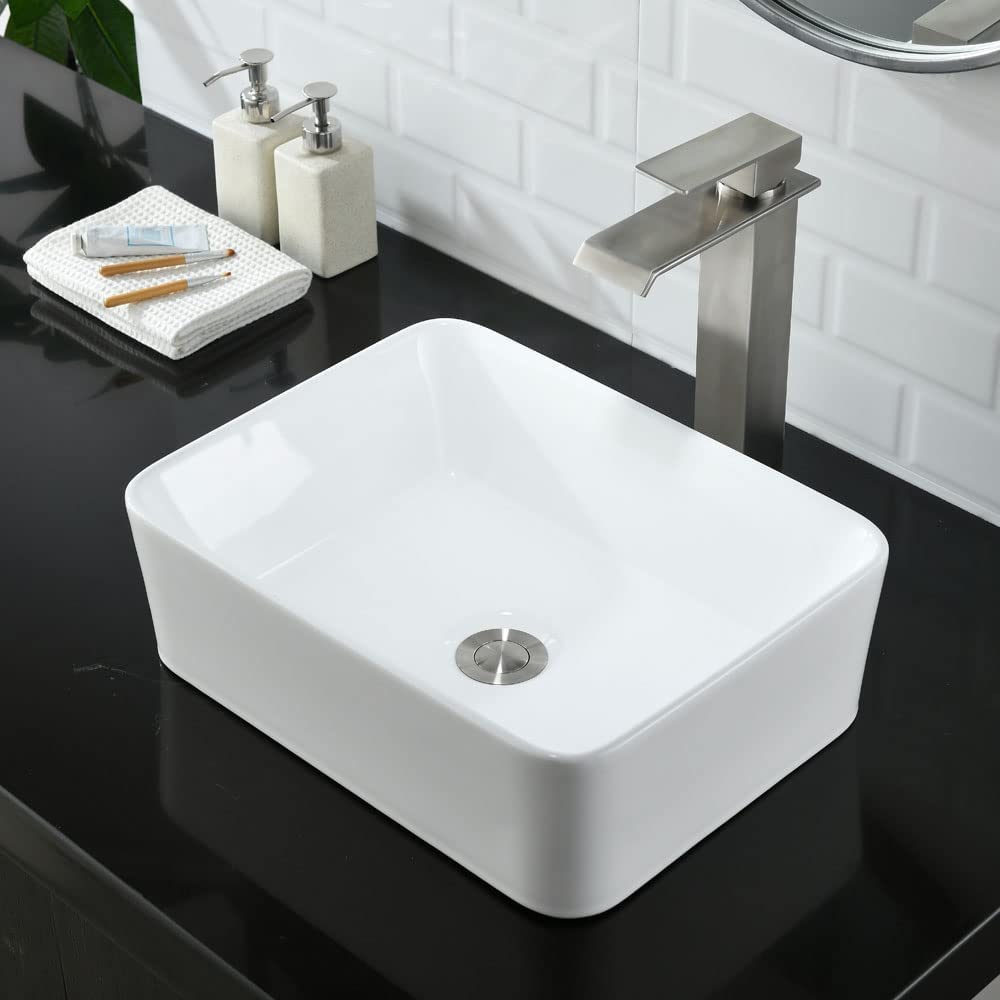 WMXQX 19x15 Inch White Porcelain Rectangle Vessel Sink with Faucet and Drain Combo - Above Counter Bathroom Vanity Sink Set for Modern & Contemporary Bathrooms