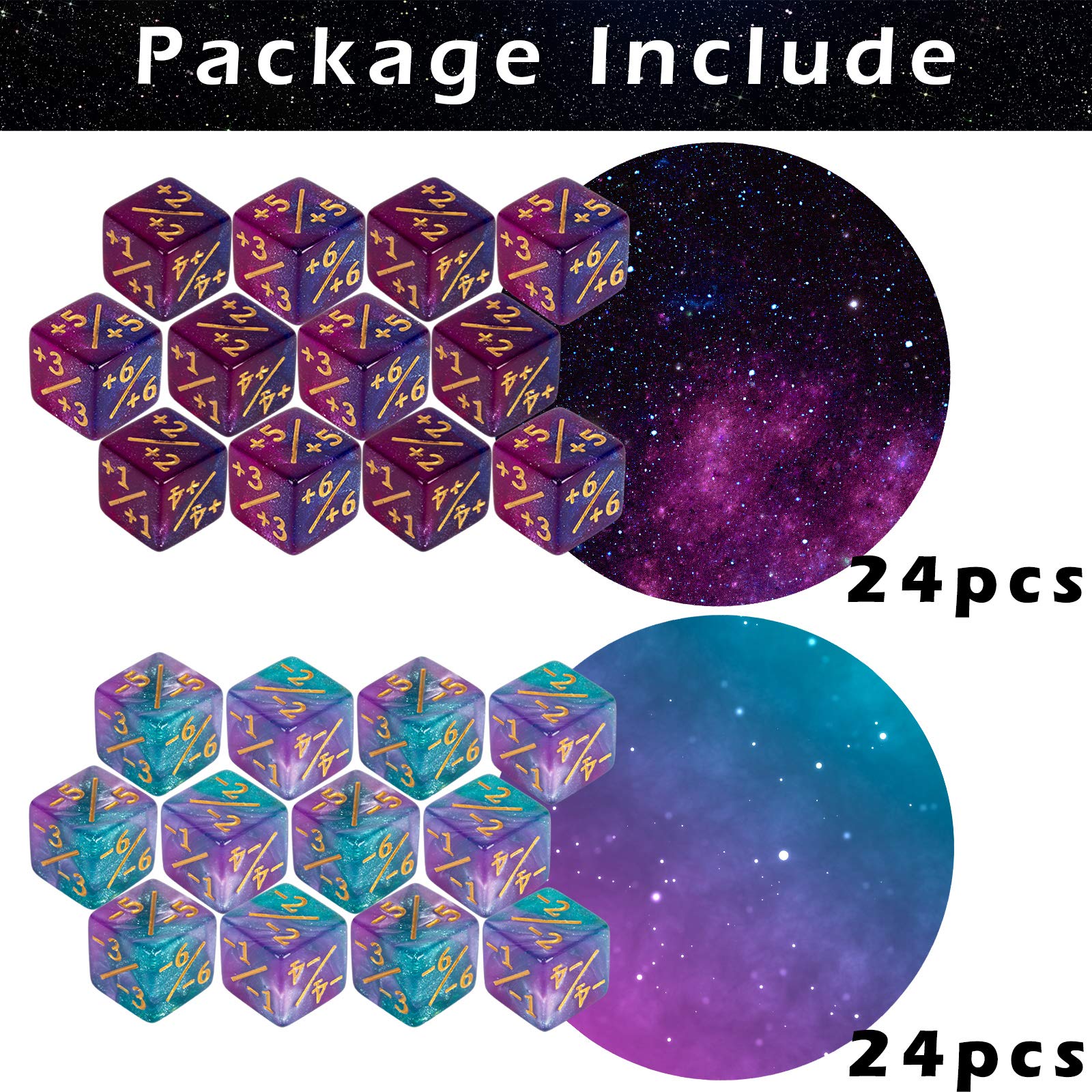 48 PCS MTG Counter Dice Set - Magic The Gathering Life Counters & Status Tokens with Starry Sky Design - D6 Dice for MTG Card Games, Board Games & Game Night Accessories (Turquoise & Lilac, Navy & Purple) - Perfect for Tracking Life Points in Magic Tournaments & Casual Play