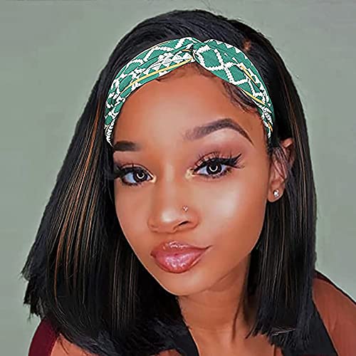 Glueless Synthetic Headband Wig for Black Women - Straight Short Bob with Highlights, No Lace, Attached Headband (10