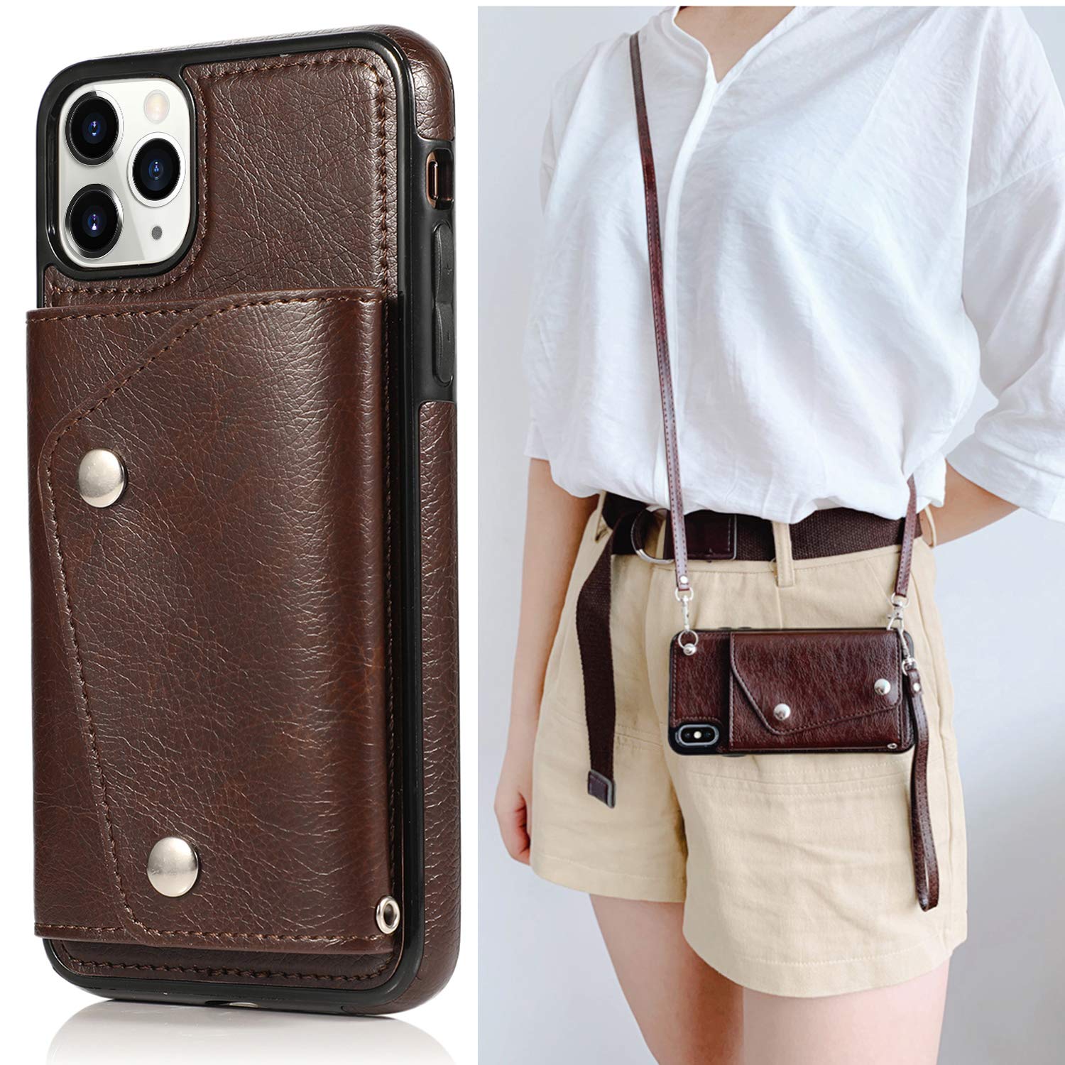 Premium PU Leather Wallet Case for iPhone 11 Pro Max - Card Holder with Neck Strap, Crossbody Chain & Wrist Strap | Protective Cover with Credit Card Slots (Brown) | Perfect for Travel, Shopping & Everyday Use