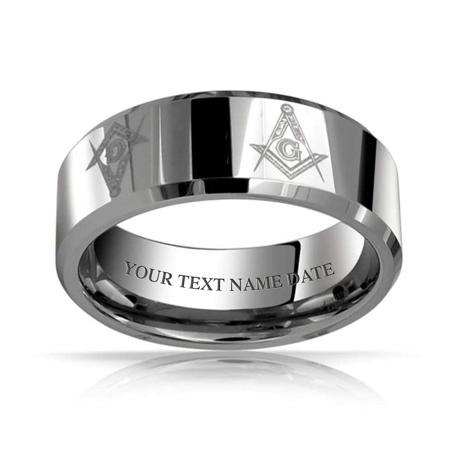 Freemason Masonic Titanium Wedding Band Ring for Men - Square & Compass Symbol, Polished Silver Tone, Comfort Fit 8MM - Durable & Hypoallergenic Jewelry for Grooms, Best Man Gifts & Fraternal Events