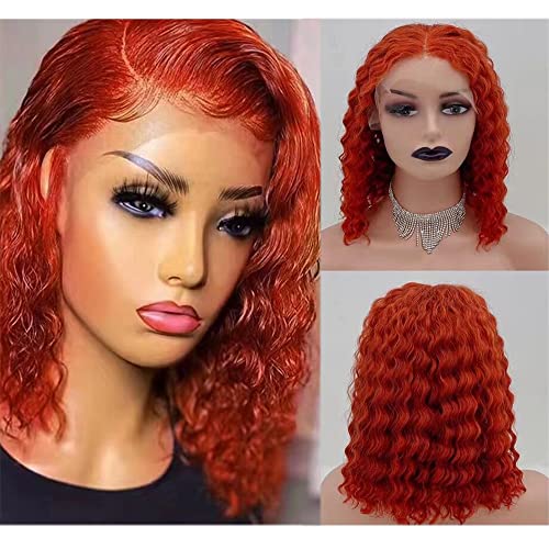 Brazilian Remy Human Hair 13x4 Lace Front Wig - Orange Short Curly Bob Wigs for Women | Pre-Plucked Natural Hairline with Baby Hair (8 Inch) | Perfect for Cosplay, Daily Wear & Special Occasions