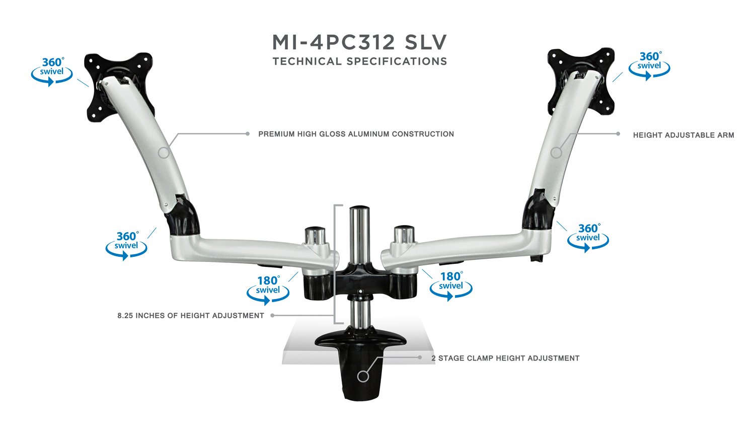 Mount-It! MI-4PC312S Dual Monitor Stand for 13-30 Inch LCD LED Computer Screens - Height Adjustable Full Motion Gas Spring Arm with 36 lb Capacity - Perfect for Home Office, Gaming & Workspace Setup (Silver)