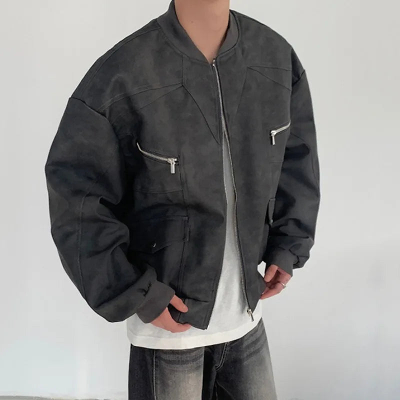 American Style Men's PU Leather Jacket - Casual Patchwork Zipper Coat, Solid Color Loose Fit Male Outerwear (Winter 2024 Fashion) for Streetwear & Daily Outfits | Model 9C6885