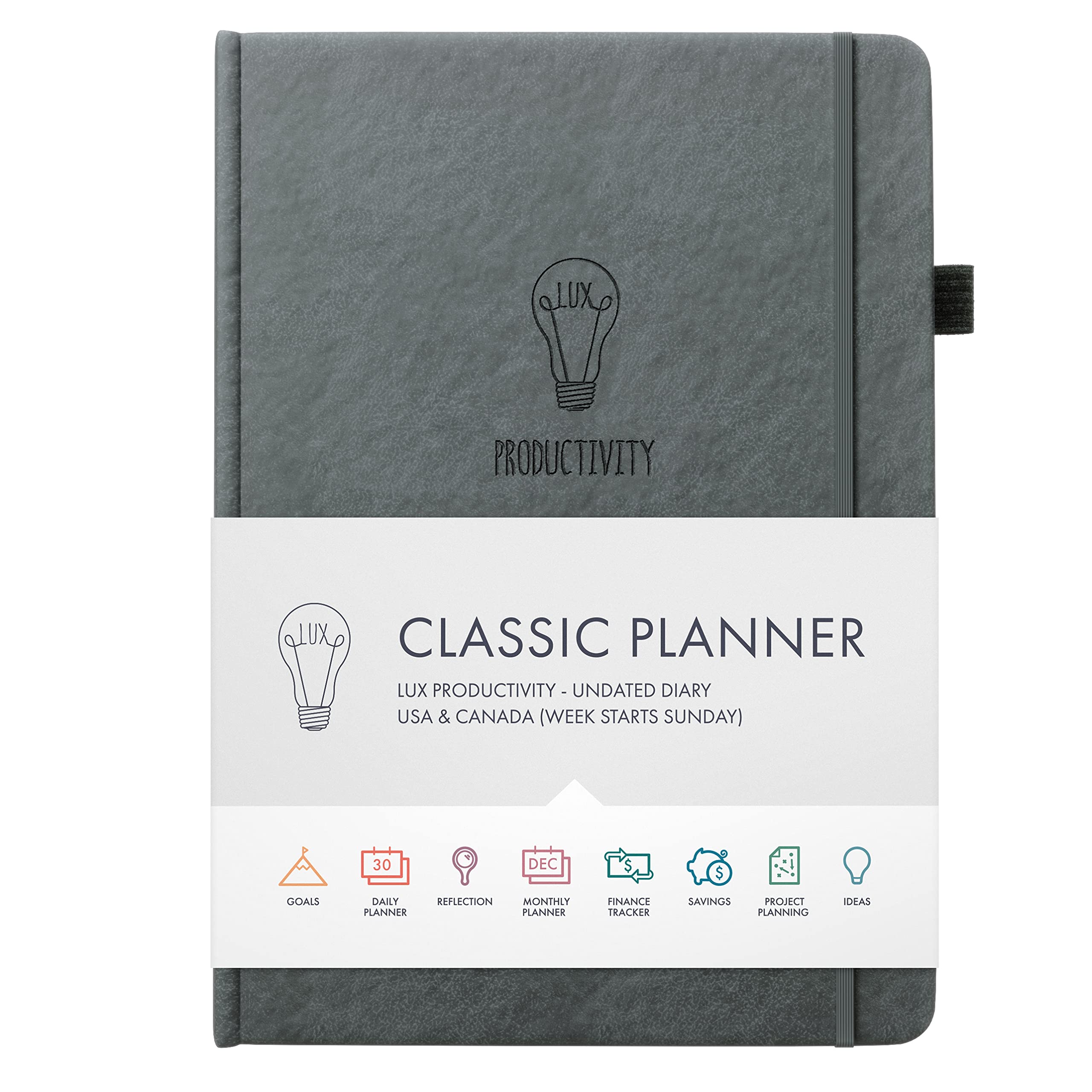 **2023 Undated Daily & Hourly Planner - Productivity Organizer with Habit Tracker & To-Do List - LUX Classic Grey Planner for Work, School & Personal Goals**