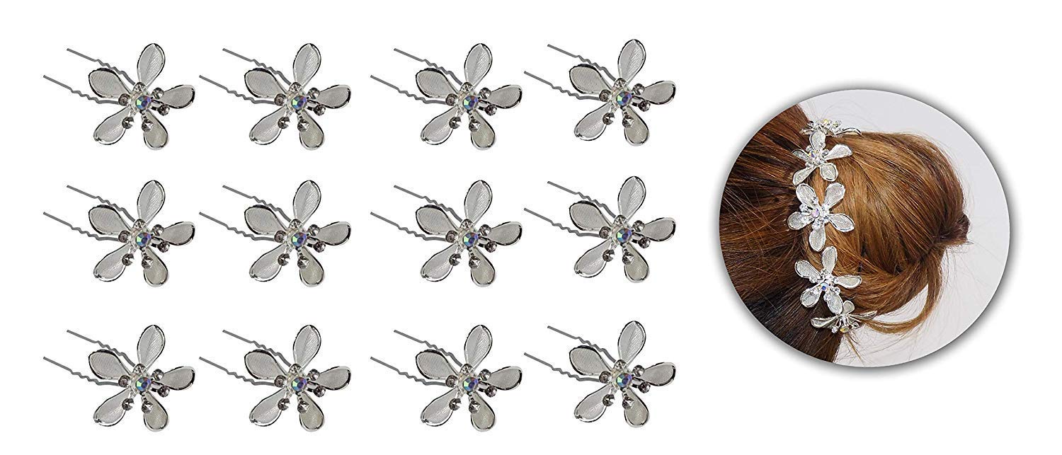 12PCS Floral Hair Pins for Women - Silver Metal Hair Clips for Braids, Updos & Wedding Hairstyles - Perfect for Bridal, Prom & Everyday Styling