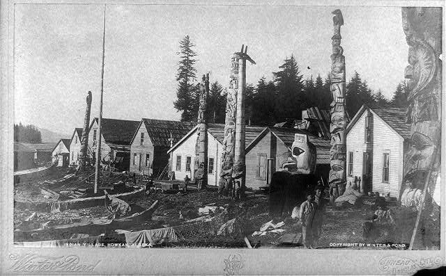 Vintage 1897 Haida Village Photo - Totem Poles in Front of Indian Houses, Howkan, Alaska | Native American Art, Historical Decor, Wall Art for Home & Office