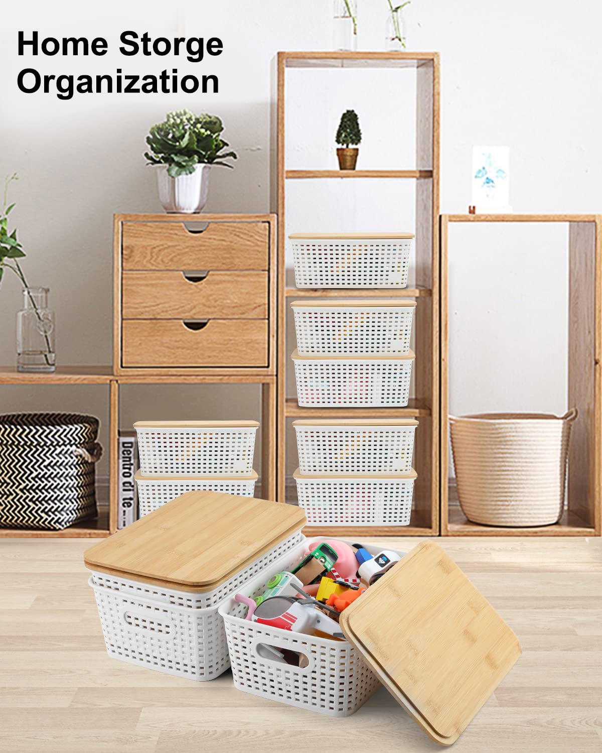 6-Pack White Storage Bins with Bamboo Lids - for Pantry, Shelves & Home Organization