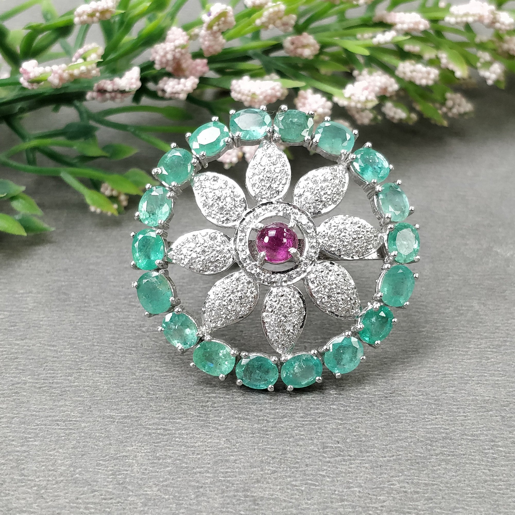 Natural Emerald & Pink Tourmaline Gemstone Jewelry Set with CZ - 925 Sterling Silver Round & Oval Earrings & Rings for Women | Wedding, Party, Anniversary Gift