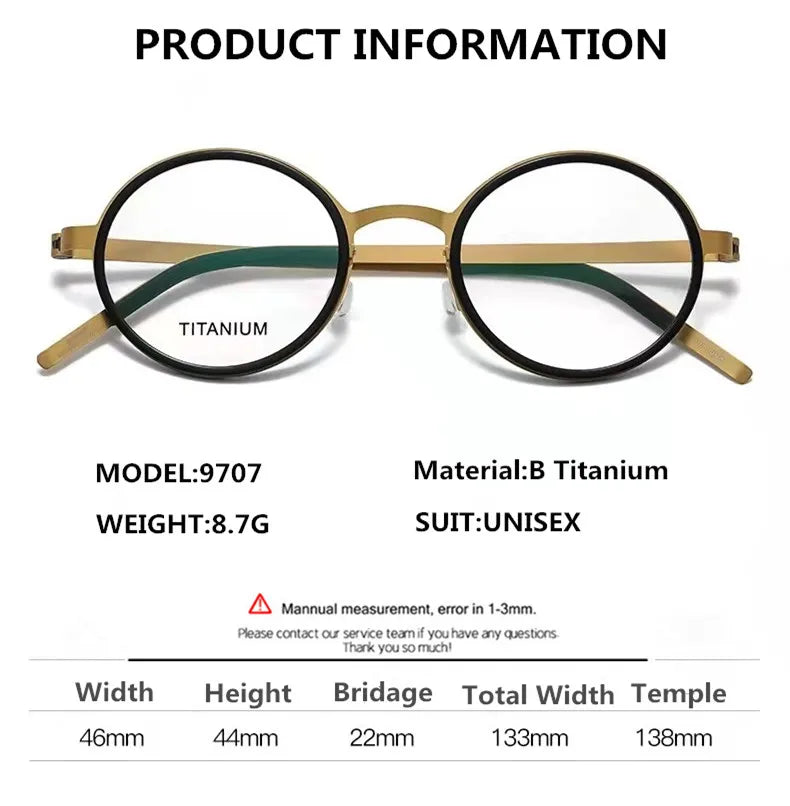 Unisex Full Rim Round Screwless Titanium Acetate Eyeglasses 9707 - Lightweight & Durable Glasses for Men & Women - Perfect for Reading, Work, and Everyday Fashion