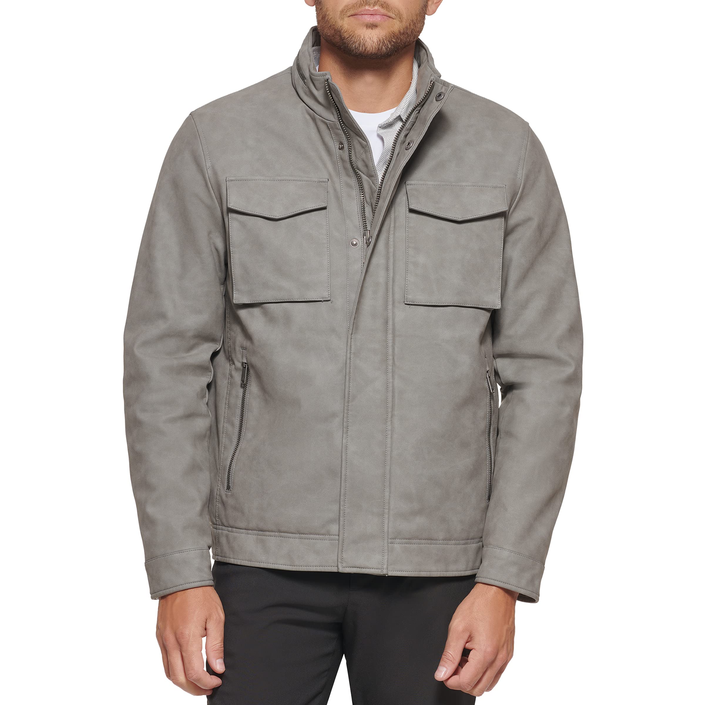 DOCKERS Men's Faux Leather Military Jacket - Waterproof Windbreaker for Outdoor, Casual & Work Wear | Stylish Biker Jacket for Men