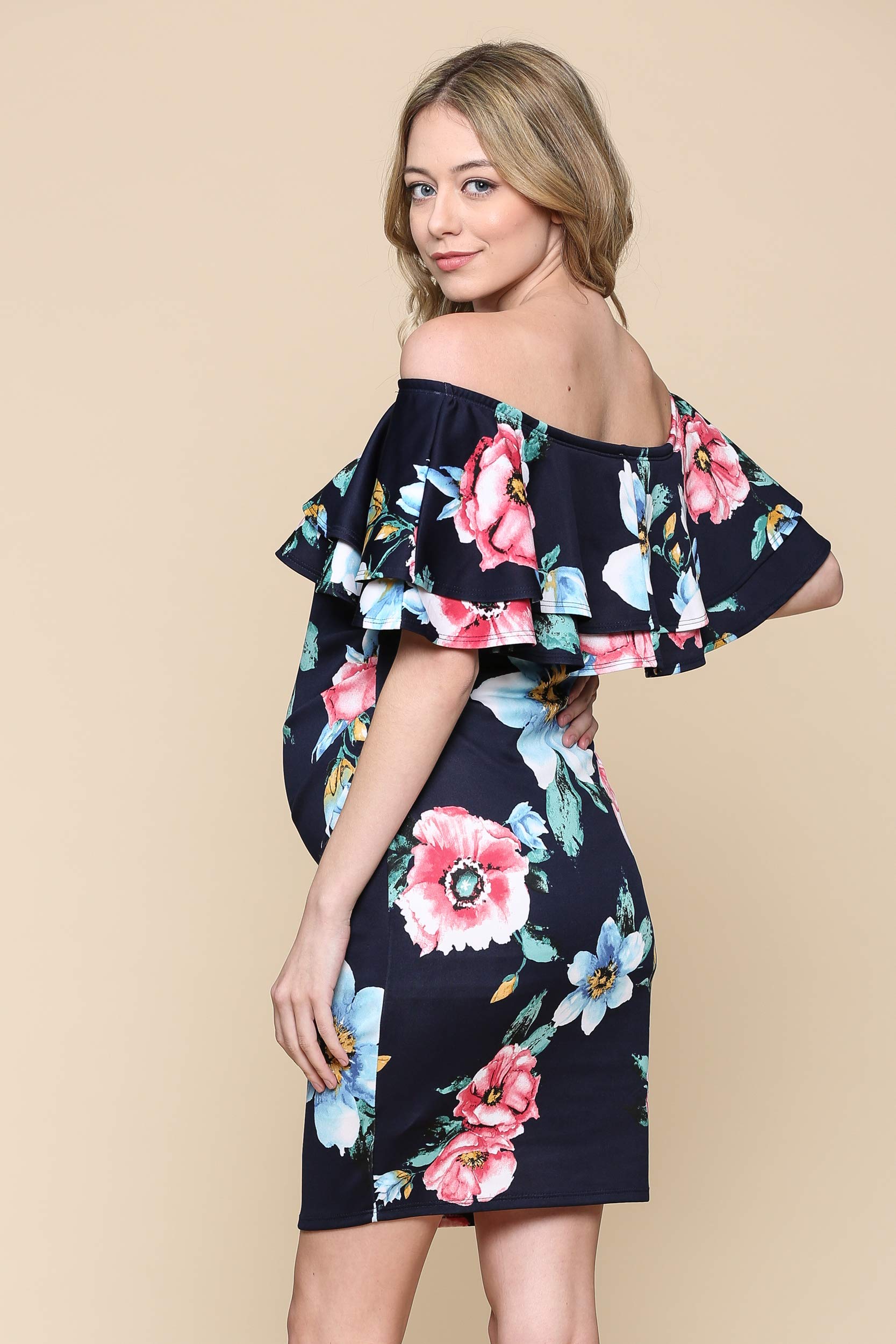 LaClef Women's Off Shoulder Maternity Dress with Double Ruffle - Comfortable Pregnancy Dress for Baby Shower, Maternity Photo Shoot & Summer Occasions