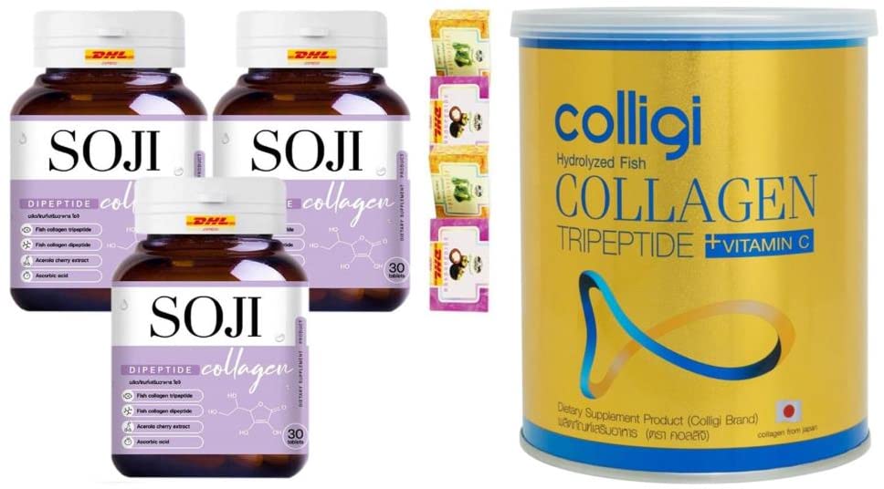 Premium Soji Collagen Tripeptide Set - 3 Bottles Anti-Aging Collagen Supplement from Japan with Vitamin C & D | Fast DHL Express Shipping | Free Tomato Facial Mask Included | Perfect for Skin Hydration & Anti-Wrinkle Care