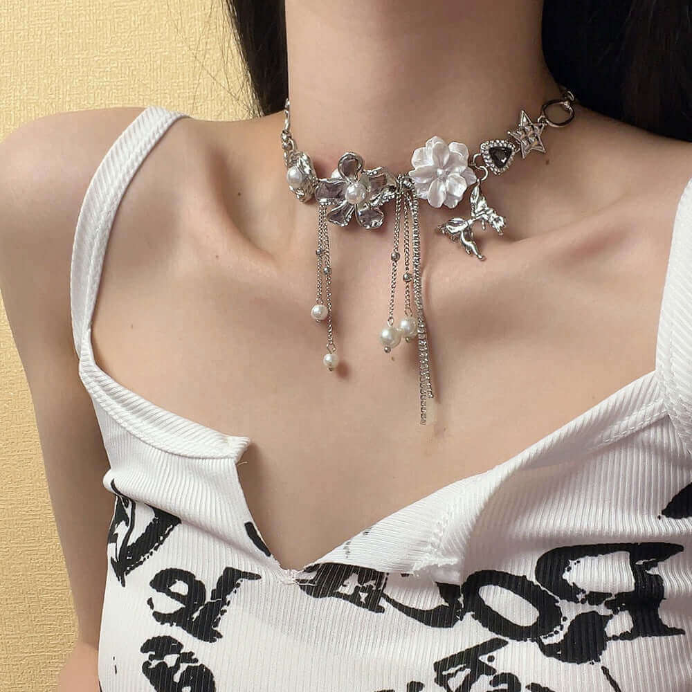 Y2K Metallic Butterfly Pearl Choker Necklace with Tassel - Vintage 90s Retro Fashion Jewelry for Women | Perfect for Parties, Concerts & Festivals
