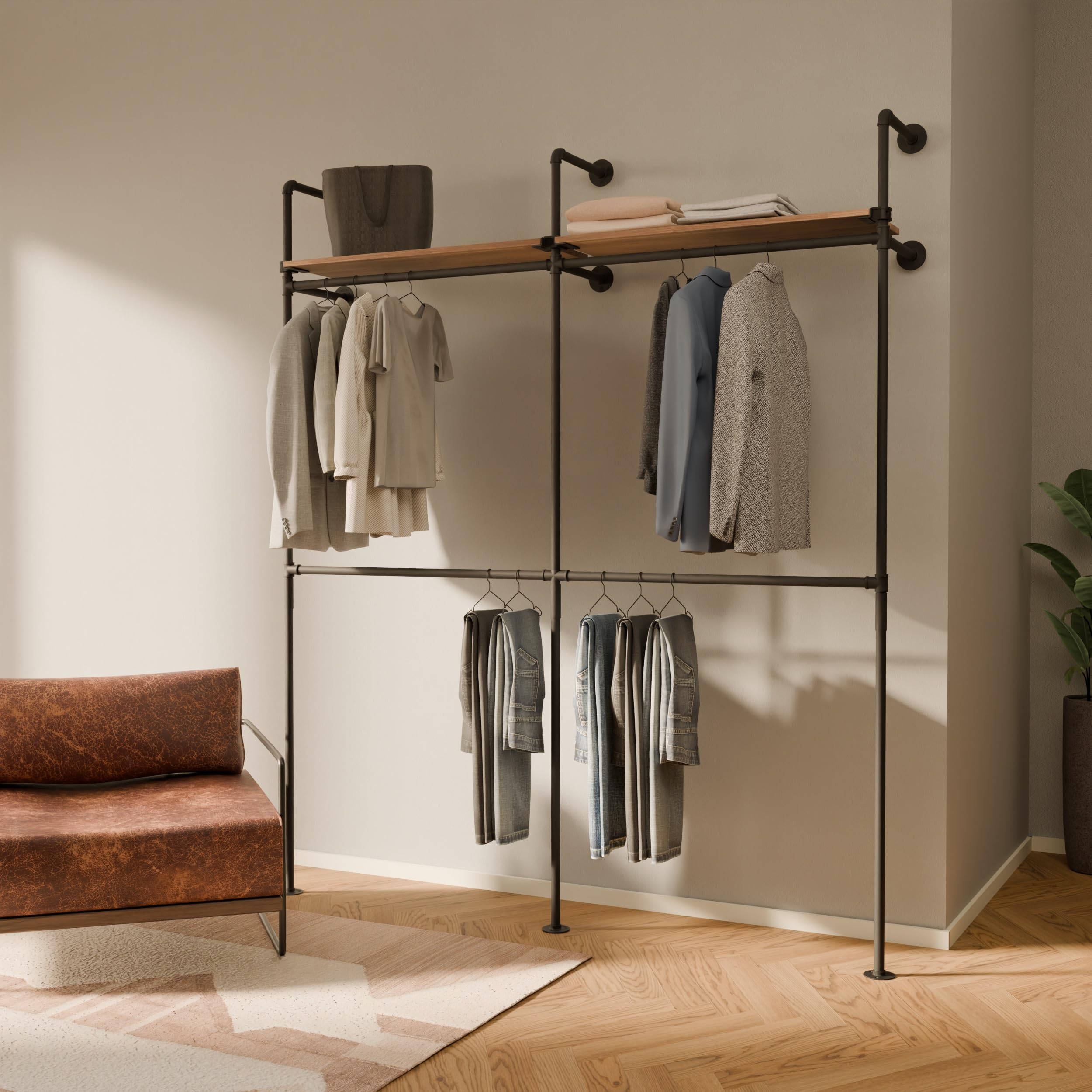 Heavy Duty Wall Mounted Industrial Pipe Clothing Rack with Wooden Shelf - 700 lbs Capacity Walk-In Closet Organizer for Bedroom, Laundry Room & Commercial Use