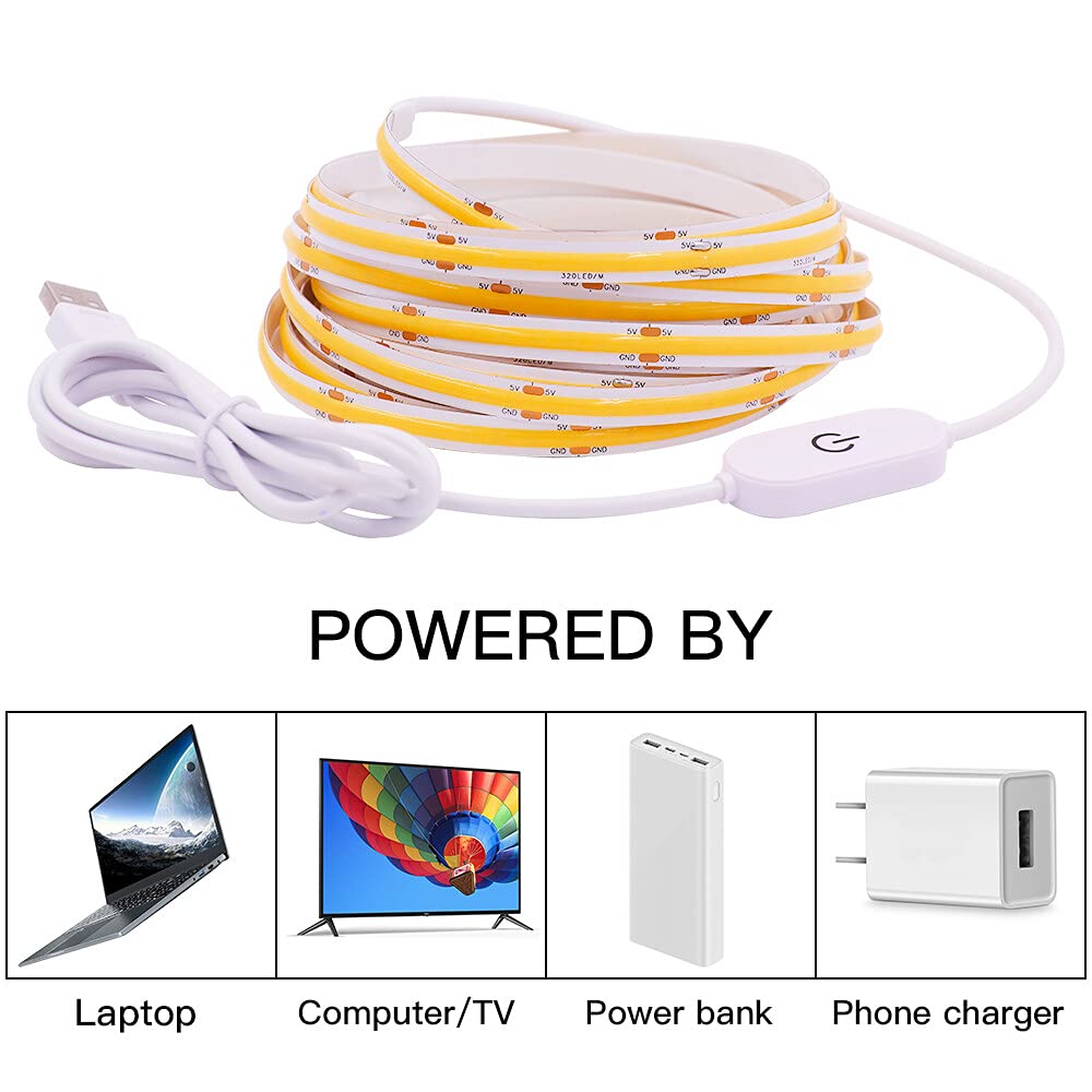 2m/6.6ft Flexible COB LED Strip Lights - 320 LEDs/m, 5V DC, Green Non-Waterproof LED Tape Light with USB Touch Dimmer | Perfect for TV Backlighting, Cabinet Lighting, Home Decor & DIY Projects